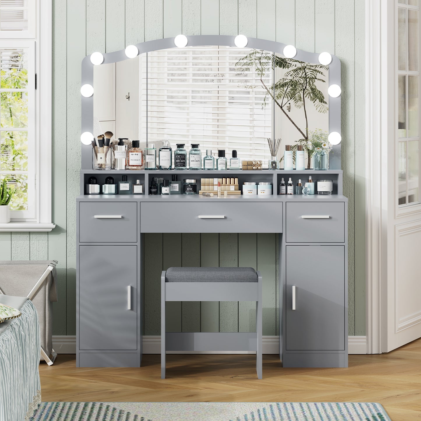 usikey Large Vanity Set with Large Lighted Mirror, Modern Makeup Vanity Table with 3 Drawers, 2 Storage Cabinets & 10 LED Bulbs, Dressing Table with Cushioned Stool for Women, Bedroom, Grey