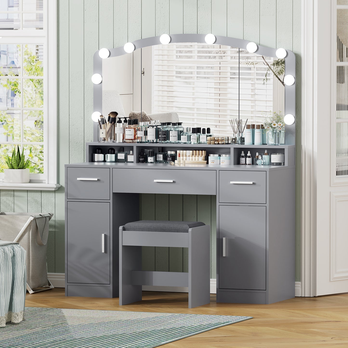 usikey Large Vanity Set with Large Lighted Mirror, Modern Makeup Vanity Table with 3 Drawers, 2 Storage Cabinets & 10 LED Bulbs, Dressing Table with Cushioned Stool for Women, Bedroom, Grey