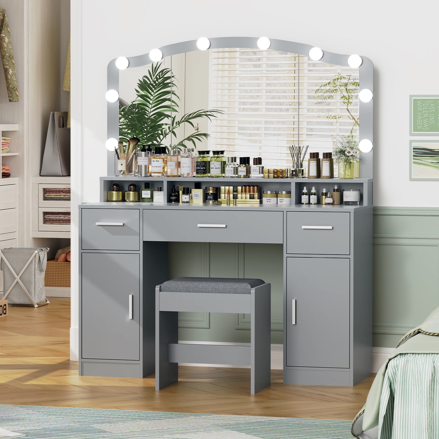 usikey Large Vanity Set with Large Lighted Mirror, Modern Makeup Vanity Table with 3 Drawers, 2 Storage Cabinets & 10 LED Bulbs, Dressing Table with Cushioned Stool for Women, Bedroom, Grey