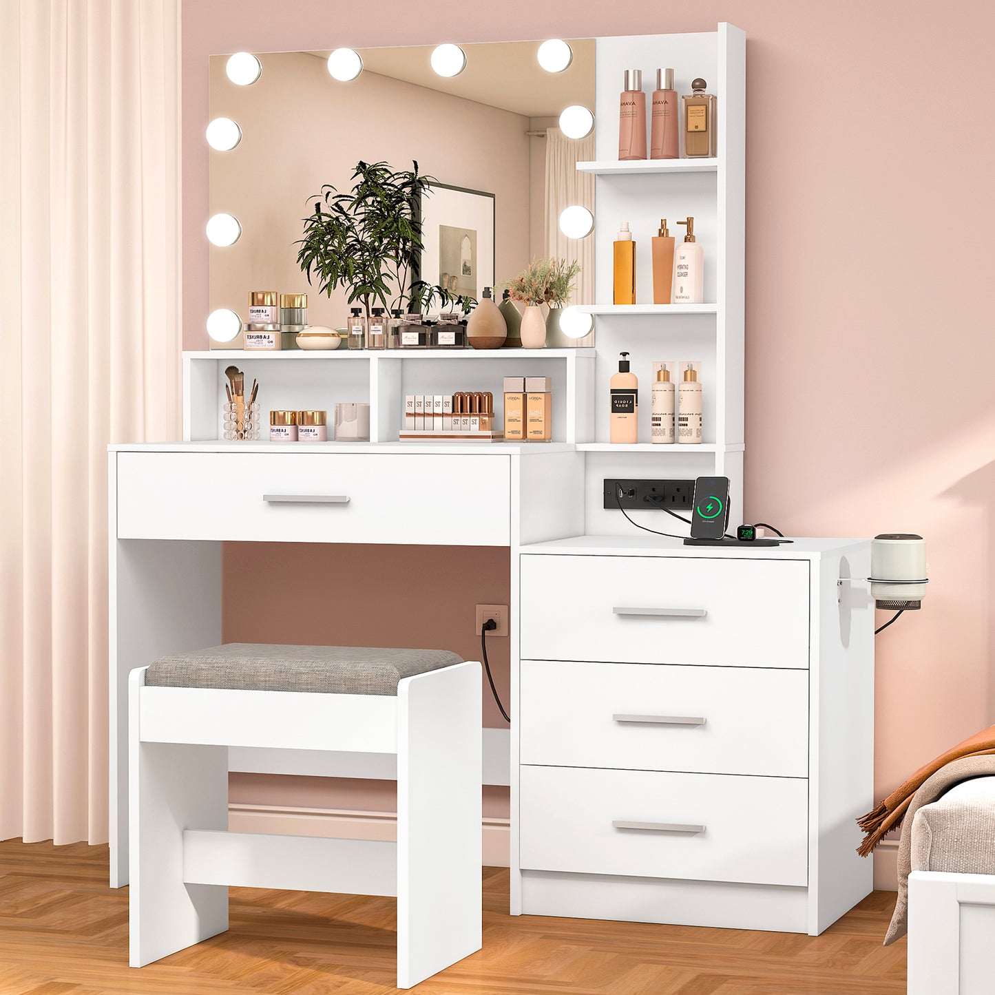 USIKEY Large Vanity Table Set with Lighted Mirror & Charging Station