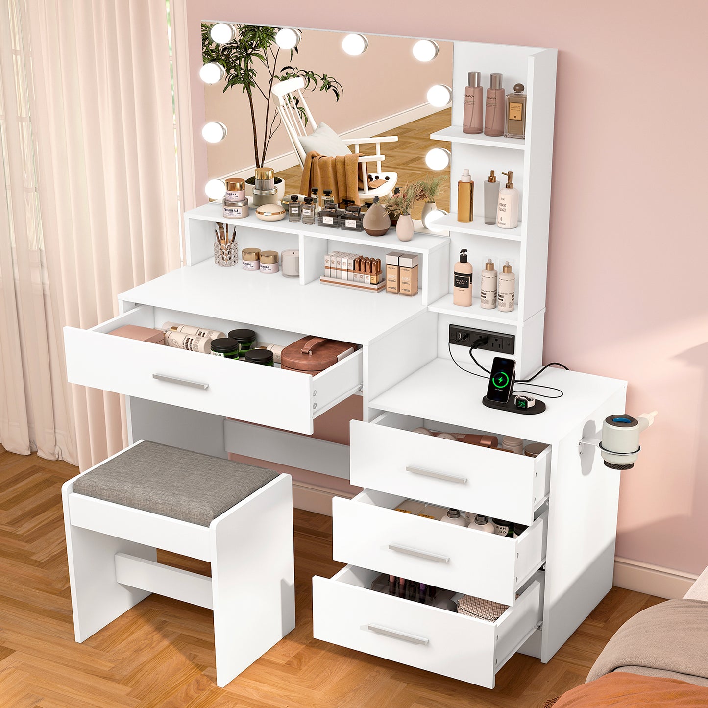 USIKEY Large Vanity Table Set with Lighted Mirror & Charging Station