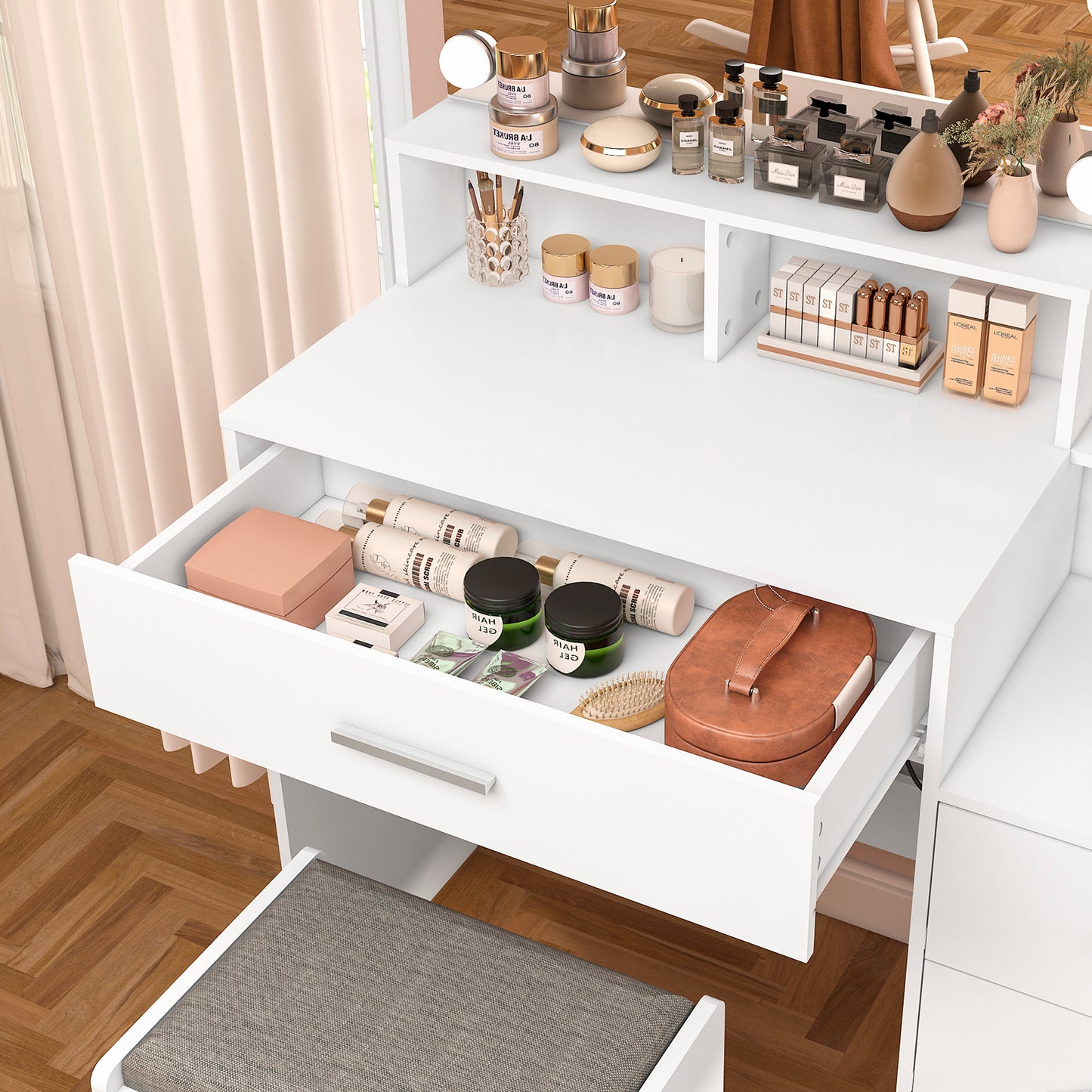 USIKEY Large Vanity Table Set with Lighted Mirror & Charging Station