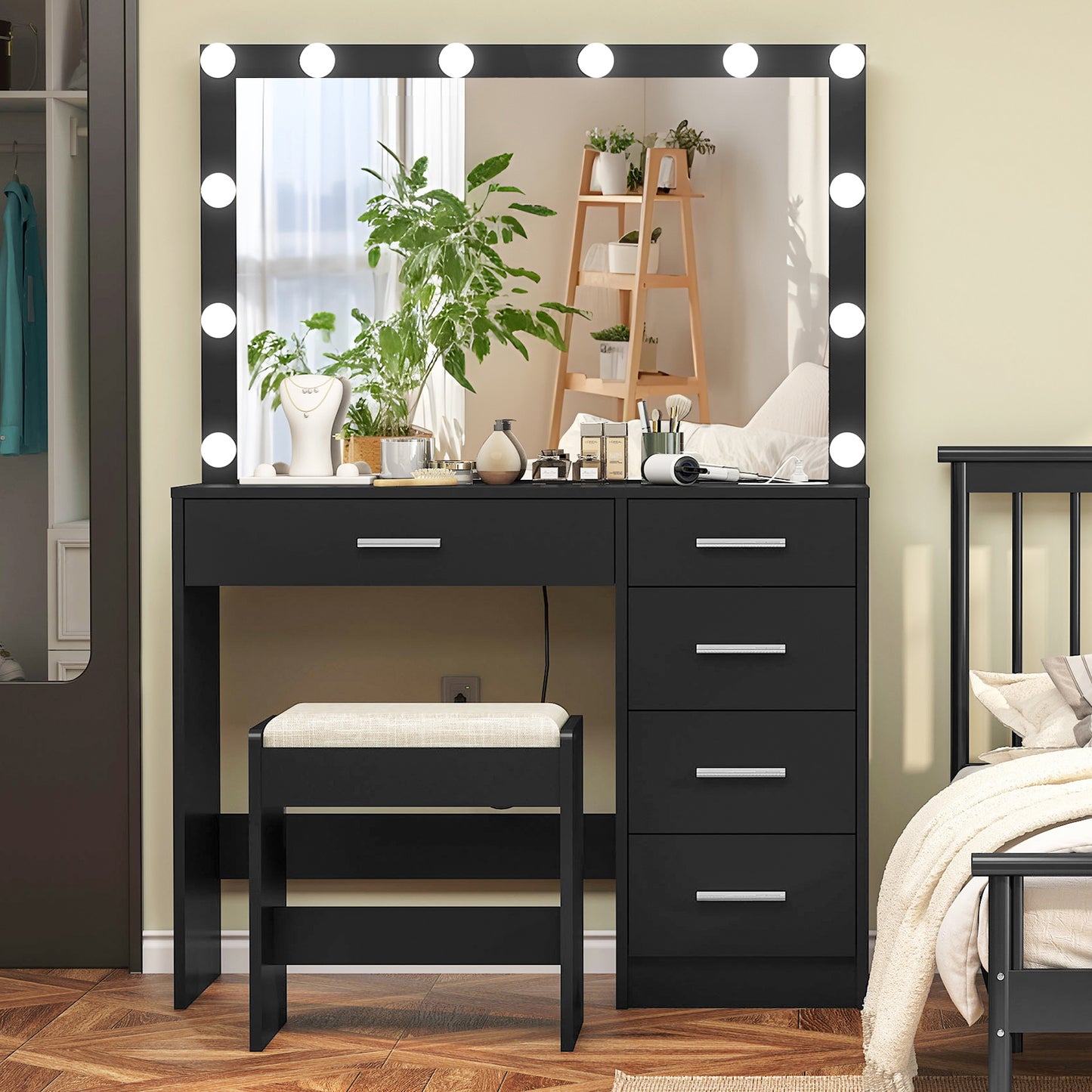 usikey Makeup Vanity with 12 Lights, Vanity Desk with Power Outlet, Makeup Vanity Table with 5 Drawers, Large Mirror, Dressing Vanity Table with Stool for Bedroom, Bathroom, White