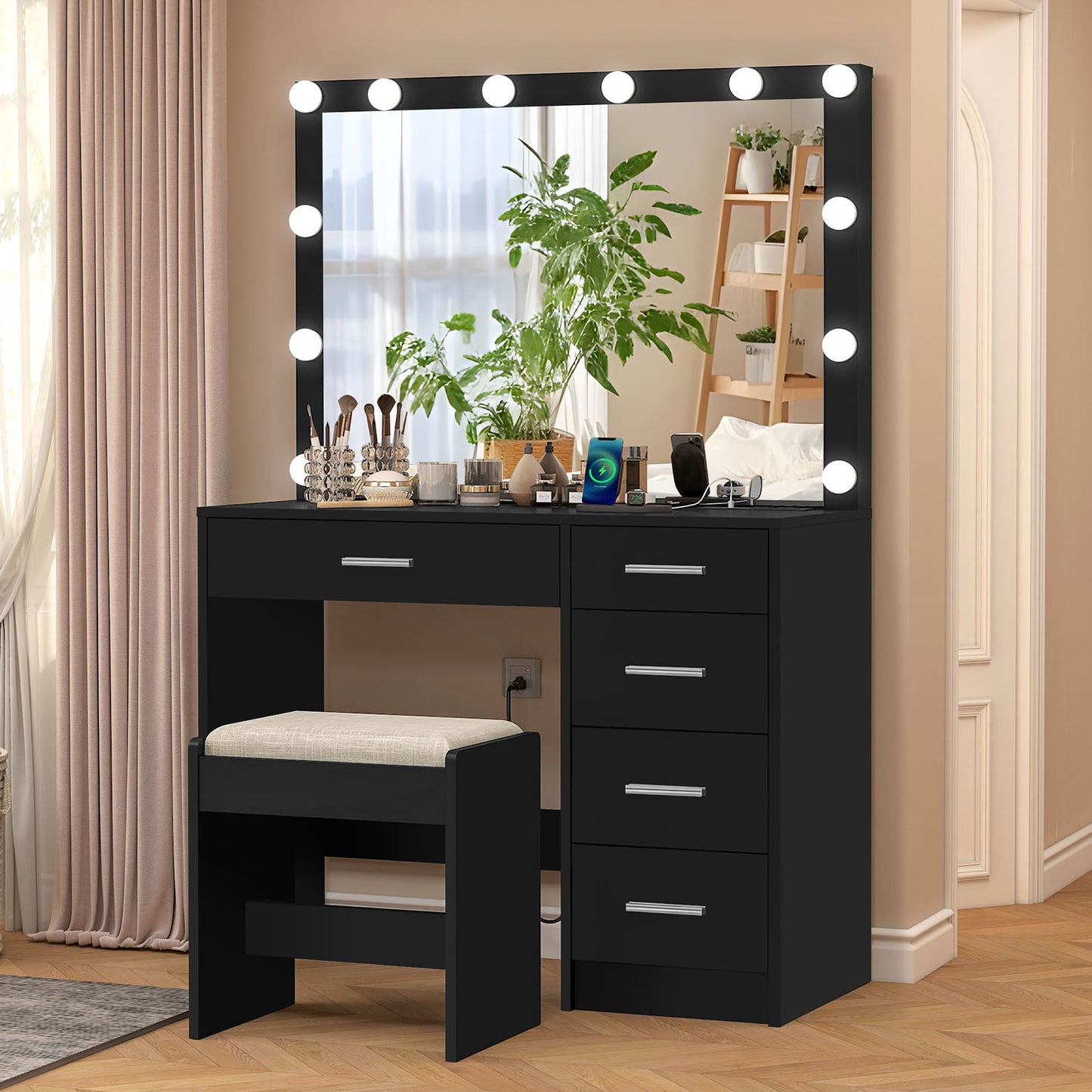 usikey Makeup Vanity with 12 Lights, Vanity Desk with Power Outlet, Makeup Vanity Table with 5 Drawers, Large Mirror, Dressing Vanity Table with Stool for Bedroom, Bathroom, White