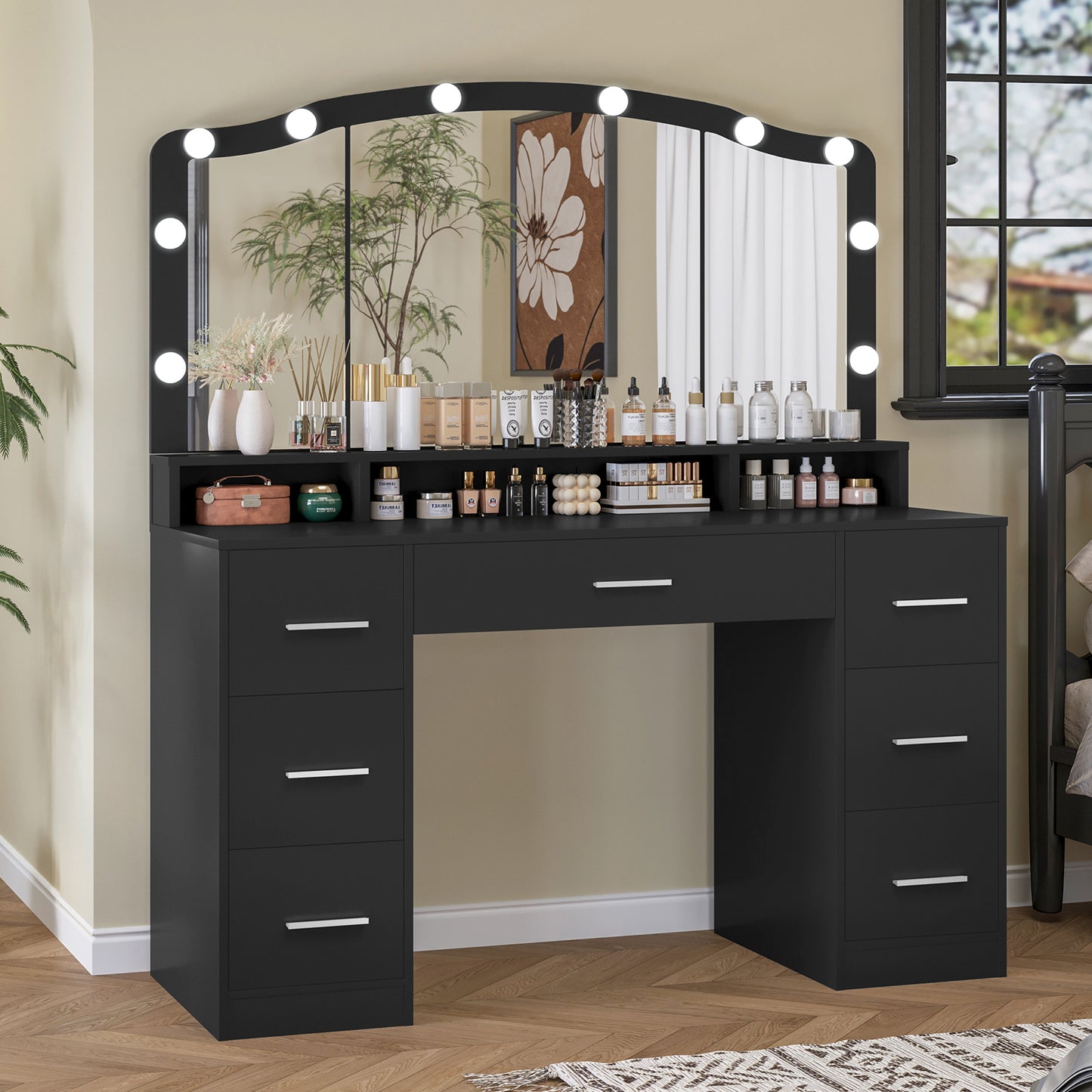 usikey 43.3" Vanity Desk with Large Lighted Mirror, Makeup Vanity Table with 7 Drawers & 10 Lights Bulbs, 3 Lighting Colors, Make Vanity Desk, Vanity Table for Women Girls