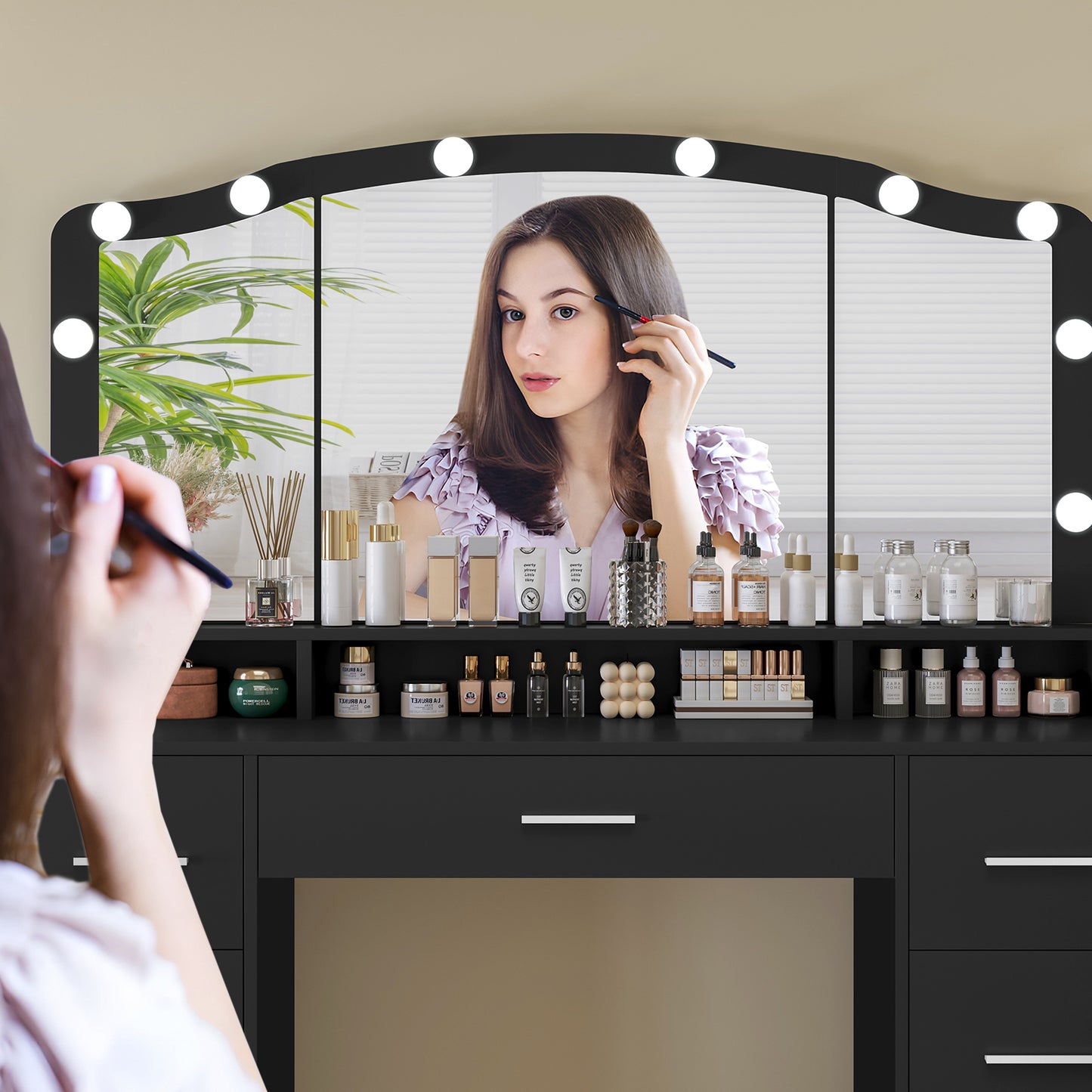 usikey 43.3" Vanity Desk with Large Lighted Mirror, Makeup Vanity Table with 7 Drawers & 10 Lights Bulbs, 3 Lighting Colors, Make Vanity Desk, Vanity Table for Women Girls