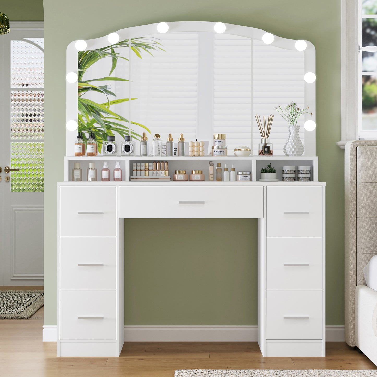 usikey 43.3" Vanity Desk with Large Lighted Mirror, Makeup Vanity Table with 7 Drawers & 10 Lights Bulbs, 3 Lighting Colors, Make Vanity Desk, Vanity Table for Women Girls