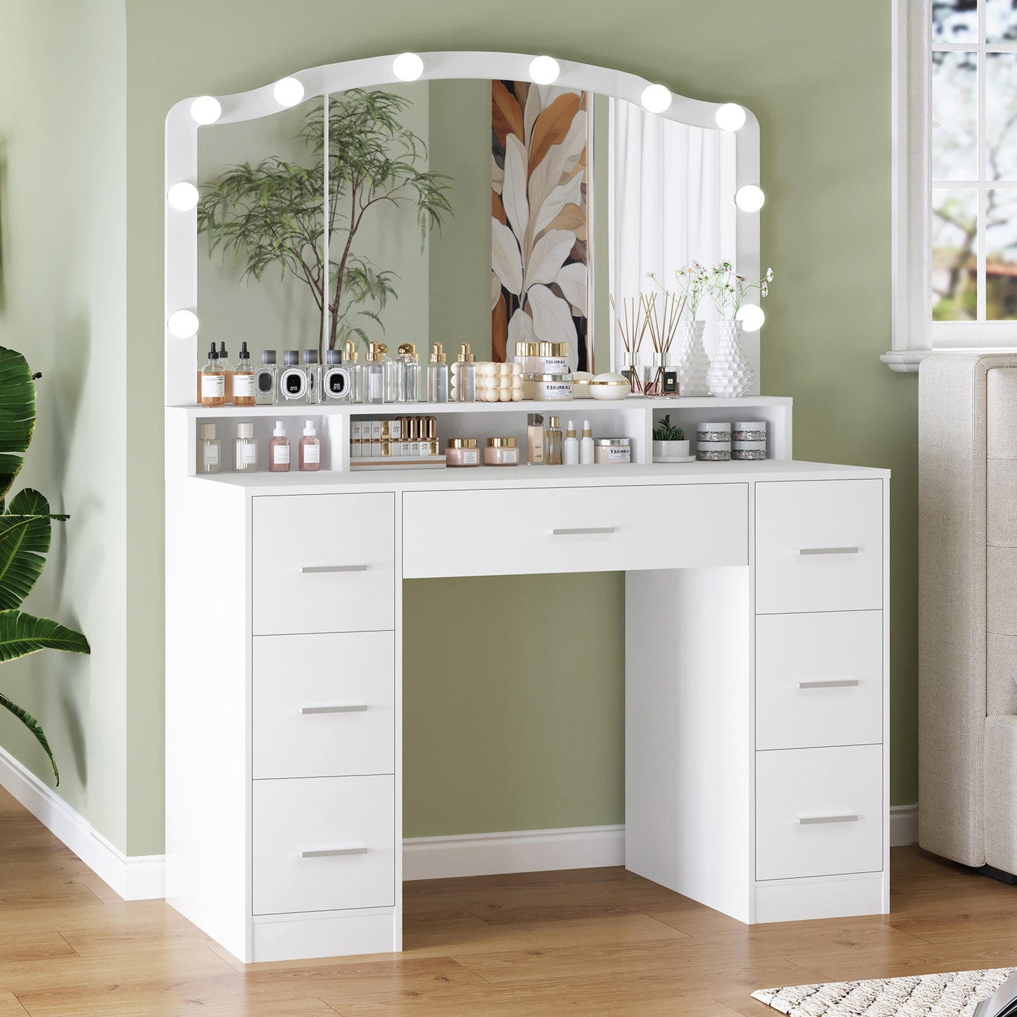 usikey 43.3" Vanity Desk with Large Lighted Mirror, Makeup Vanity Table with 7 Drawers & 10 Lights Bulbs, 3 Lighting Colors, Make Vanity Desk, Vanity Table for Women Girls