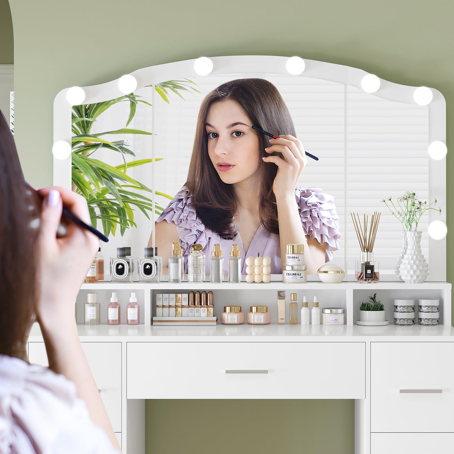 usikey 43.3" Vanity Desk with Large Lighted Mirror, Makeup Vanity Table with 7 Drawers & 10 Lights Bulbs, 3 Lighting Colors, Make Vanity Desk, Vanity Table for Women Girls