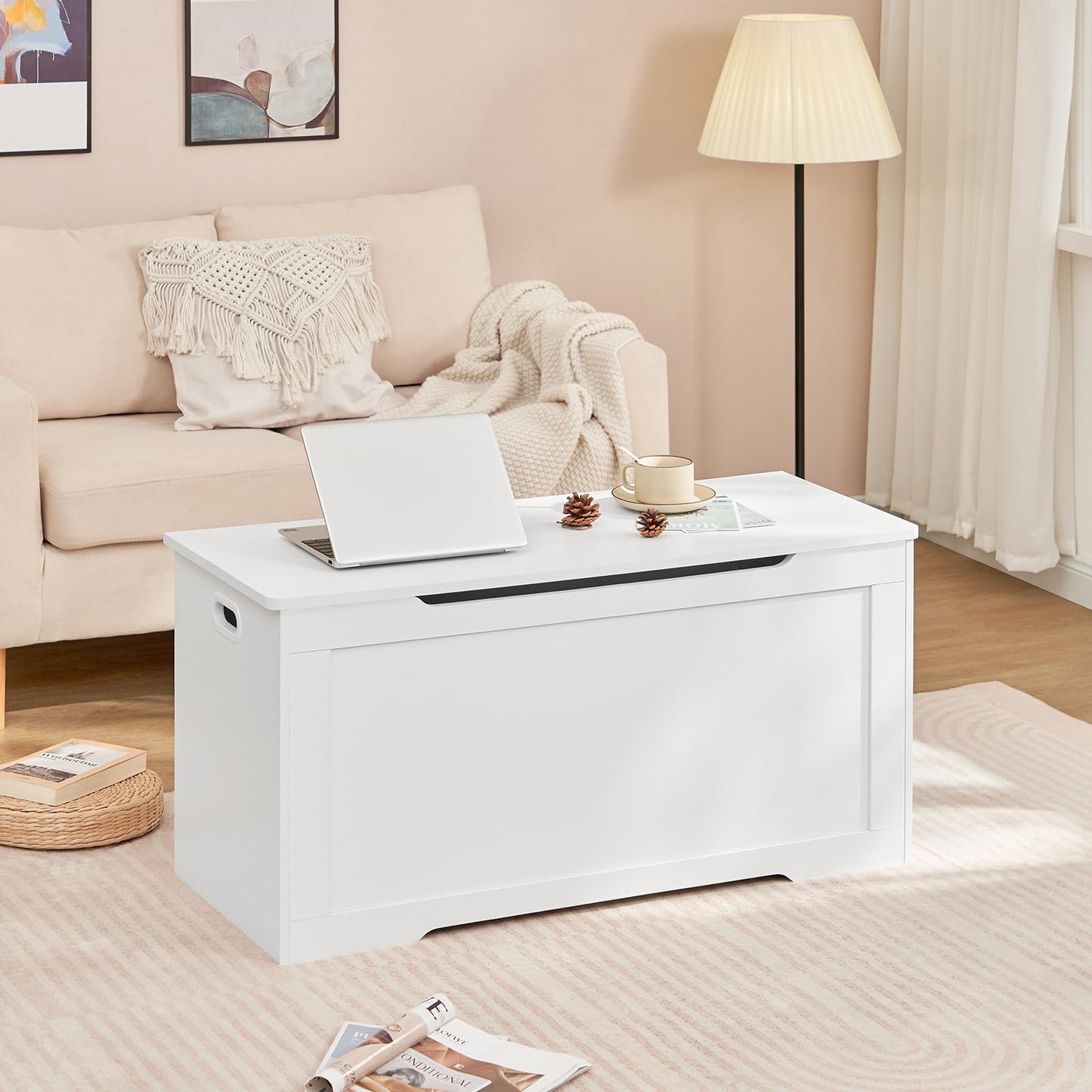 USIKEY Toy Chest, Toy Box for Living Room, Storage Chest with 2 Safety Hinges, 29“ Lift Top Storage Bench, for Bedroom, Entryway, White