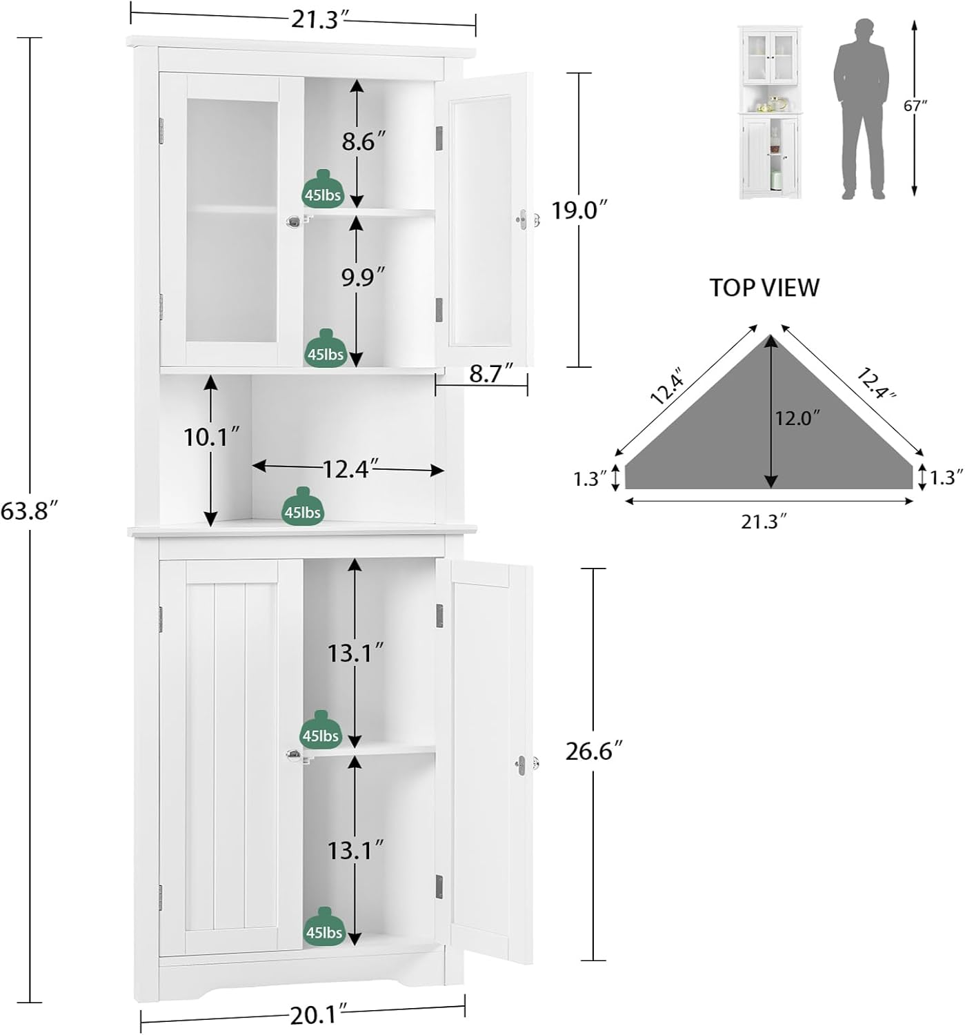 USIKEY 63.8" Tall Corner Cabinet with 4 Doors and 5 Storage Shelves, Corner Bathroom Cabinet, Freestanding Storage Cabinet for Bathroom, Living Room