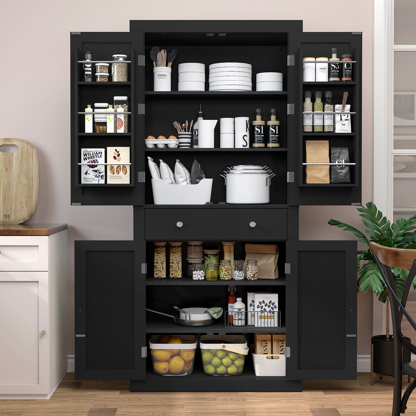 usikey 72?¡À Kitchen Pantry Cabinet, Tall Storage Cabinet with 4 Doors and 1 Drawer, Freestanding Cupboard with 6 Hanging Shelves and Adjustable Shelves for Kitchen, Dining Room,Living Room