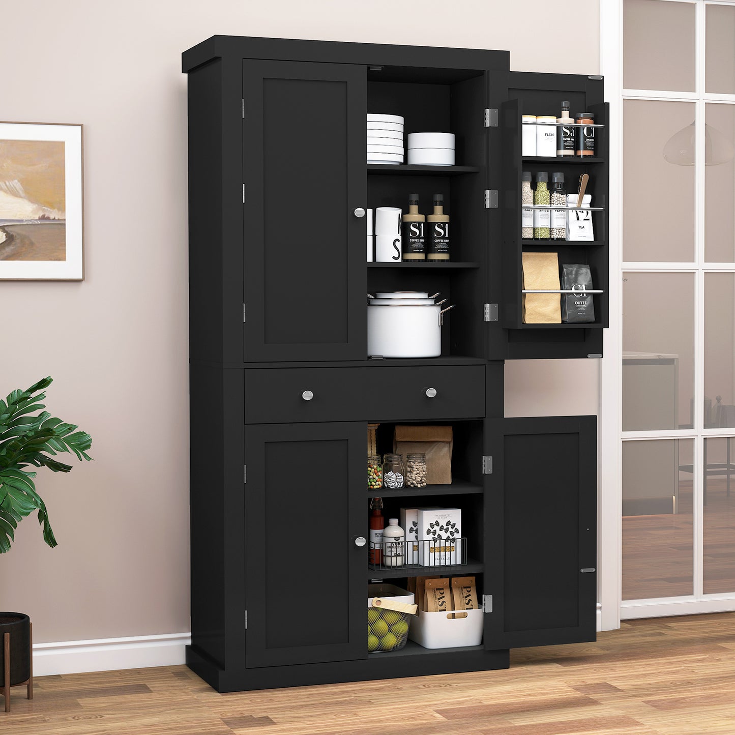 usikey 72?¡À Kitchen Pantry Cabinet, Tall Storage Cabinet with 4 Doors and 1 Drawer, Freestanding Cupboard with 6 Hanging Shelves and Adjustable Shelves for Kitchen, Dining Room,Living Room