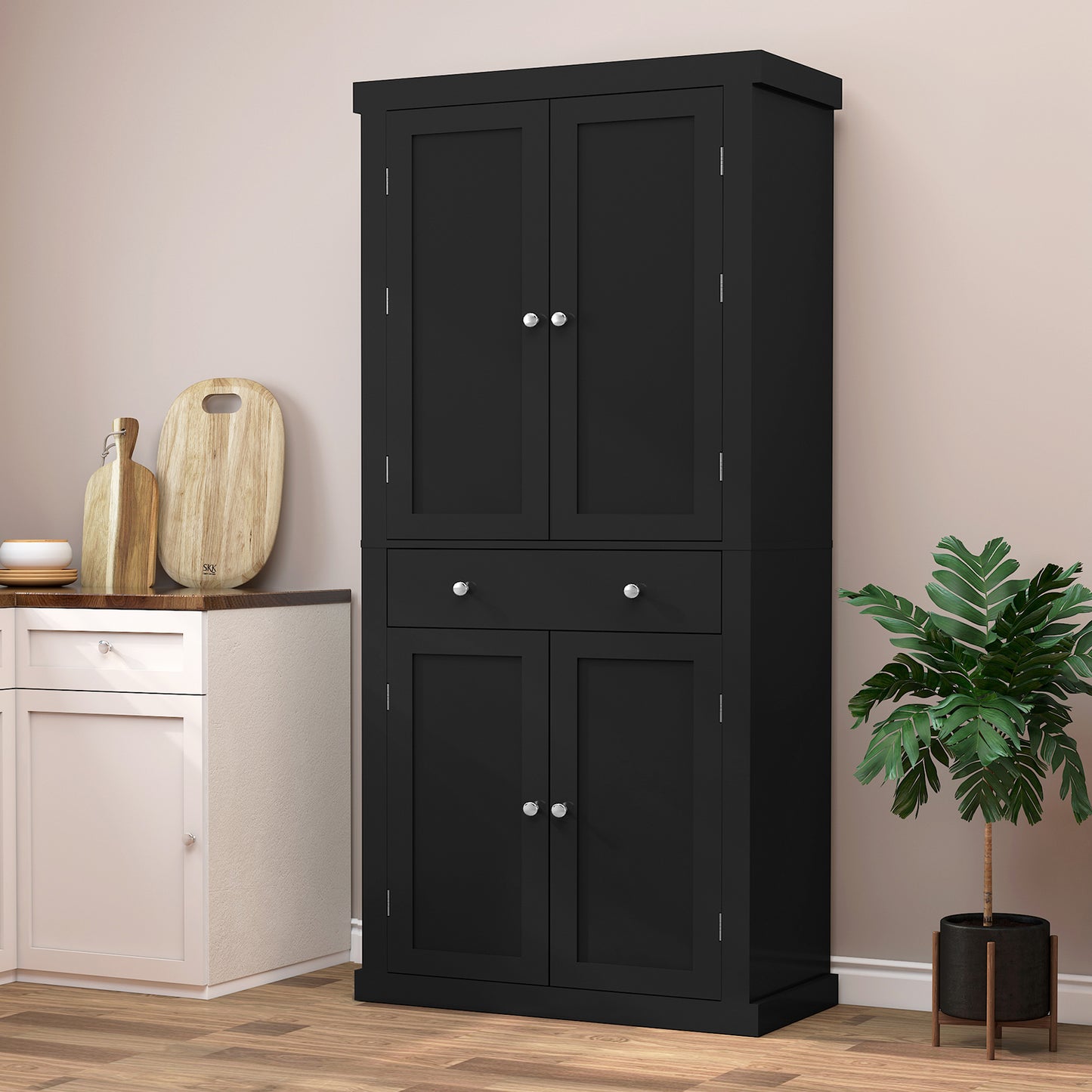 usikey 72?¡À Kitchen Pantry Cabinet, Tall Storage Cabinet with 4 Doors and 1 Drawer, Freestanding Cupboard with 6 Hanging Shelves and Adjustable Shelves for Kitchen, Dining Room,Living Room