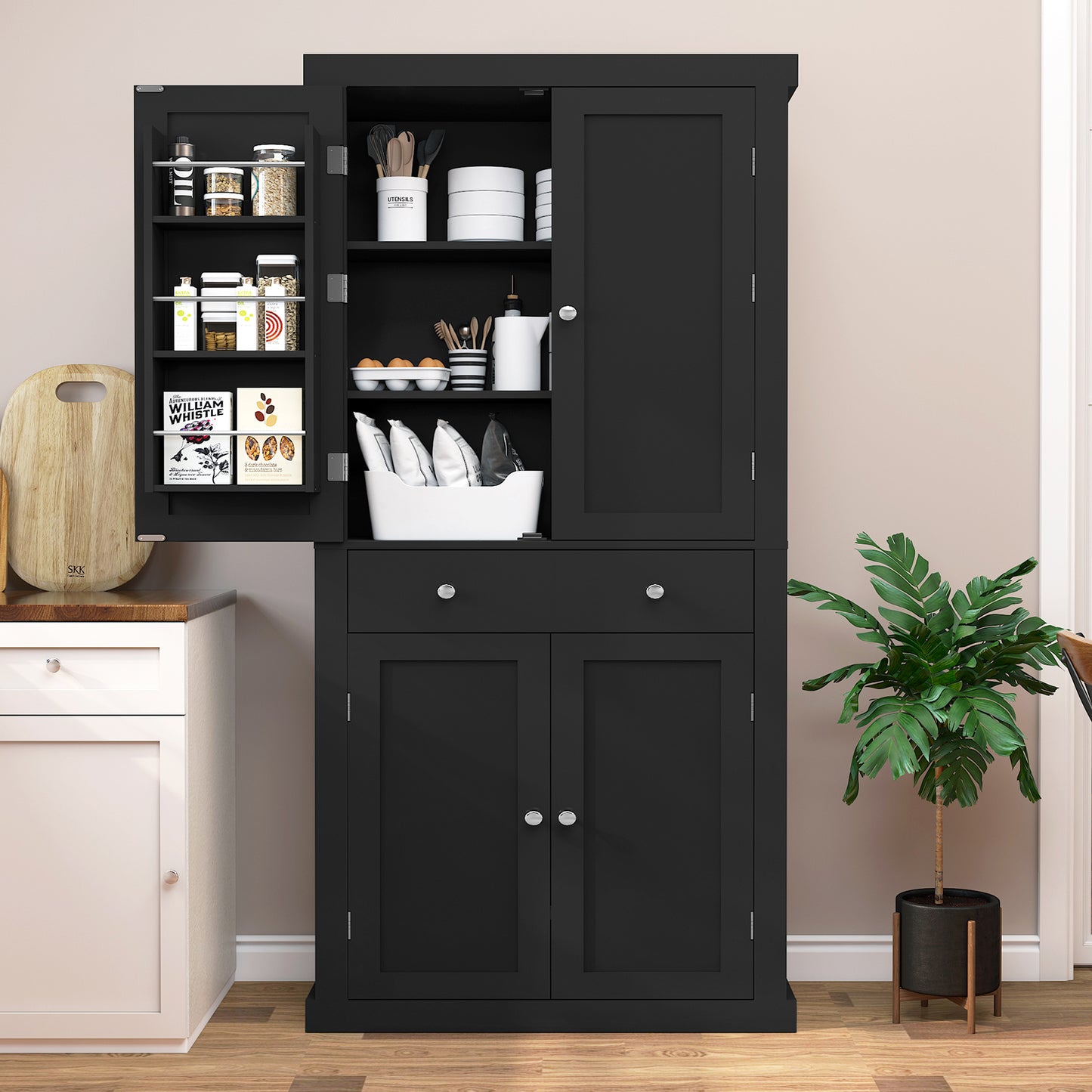usikey 72?¡À Kitchen Pantry Cabinet, Tall Storage Cabinet with 4 Doors and 1 Drawer, Freestanding Cupboard with 6 Hanging Shelves and Adjustable Shelves for Kitchen, Dining Room,Living Room