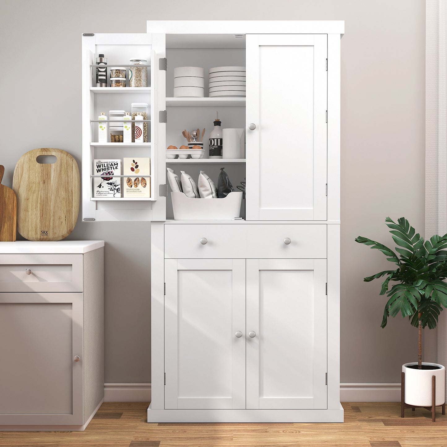 usikey 72?¡À Kitchen Pantry Cabinet, Tall Storage Cabinet with 4 Doors and 1 Drawer, Freestanding Cupboard with 6 Hanging Shelves and Adjustable Shelves for Kitchen, Dining Room,Living Room