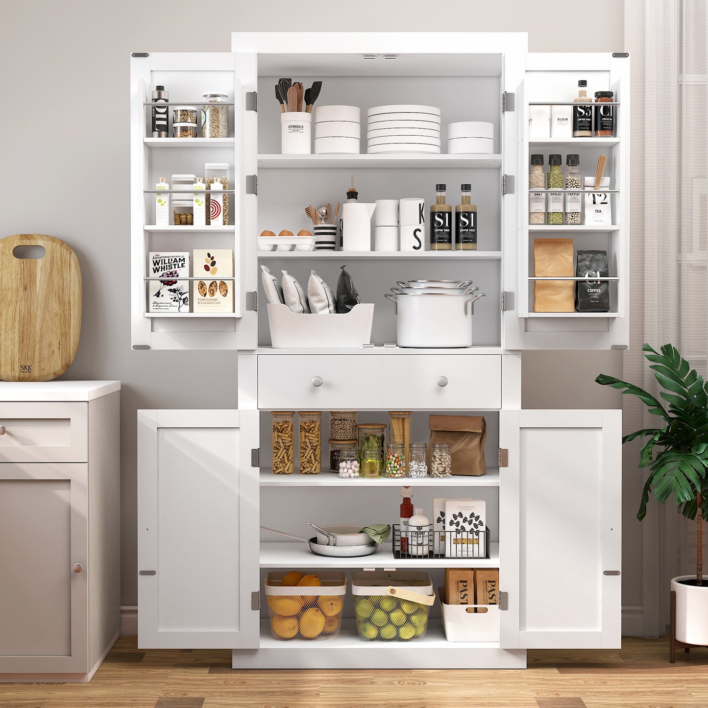 usikey 72?¡À Kitchen Pantry Cabinet, Tall Storage Cabinet with 4 Doors and 1 Drawer, Freestanding Cupboard with 6 Hanging Shelves and Adjustable Shelves for Kitchen, Dining Room,Living Room