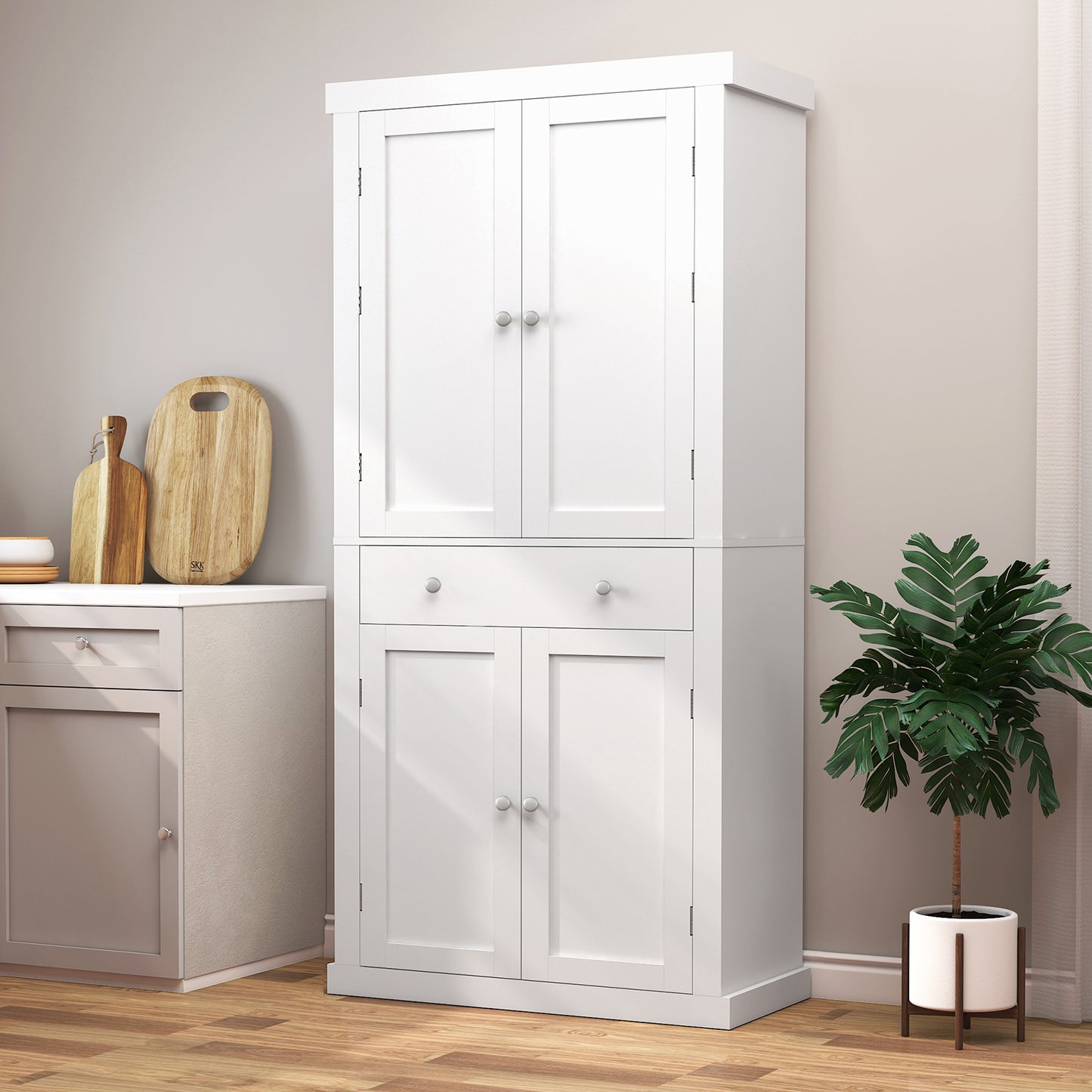 usikey 72?¡À Kitchen Pantry Cabinet, Tall Storage Cabinet with 4 Doors and 1 Drawer, Freestanding Cupboard with 6 Hanging Shelves and Adjustable Shelves for Kitchen, Dining Room,Living Room