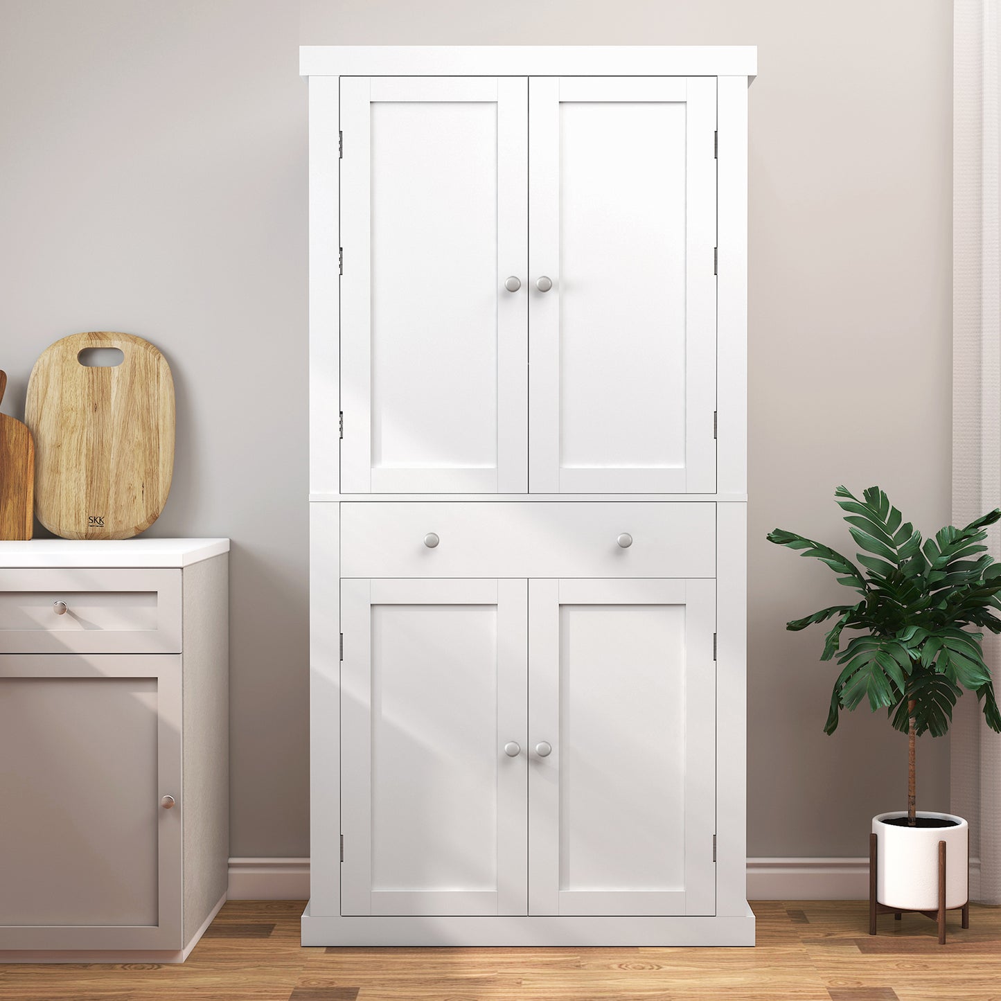 usikey 72?¡À Kitchen Pantry Cabinet, Tall Storage Cabinet with 4 Doors and 1 Drawer, Freestanding Cupboard with 6 Hanging Shelves and Adjustable Shelves for Kitchen, Dining Room,Living Room