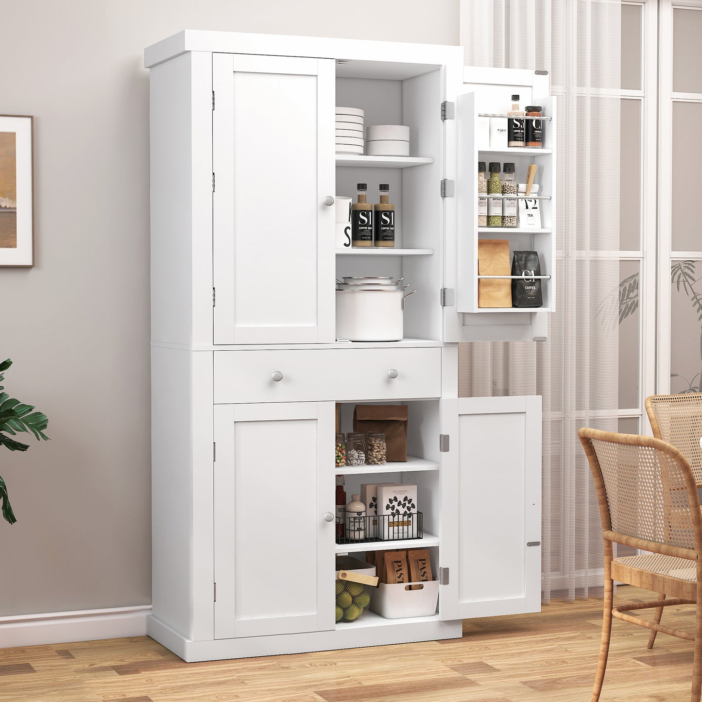 usikey 72?¡À Kitchen Pantry Cabinet, Tall Storage Cabinet with 4 Doors and 1 Drawer, Freestanding Cupboard with 6 Hanging Shelves and Adjustable Shelves for Kitchen, Dining Room,Living Room
