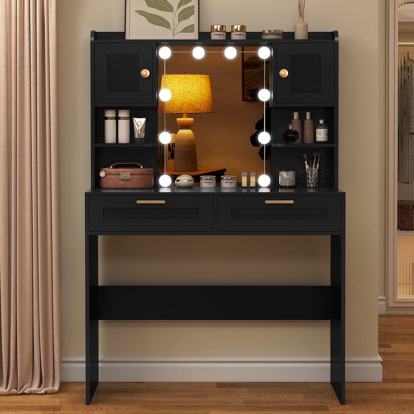 usikey Vanity Desk with Mirror and Lights, Makeup Vanity Table with 2 Drawers, 2 Cabinets & 2 Shelves, Vanity Desk, Vanity Table for Girls Women, Bedroom