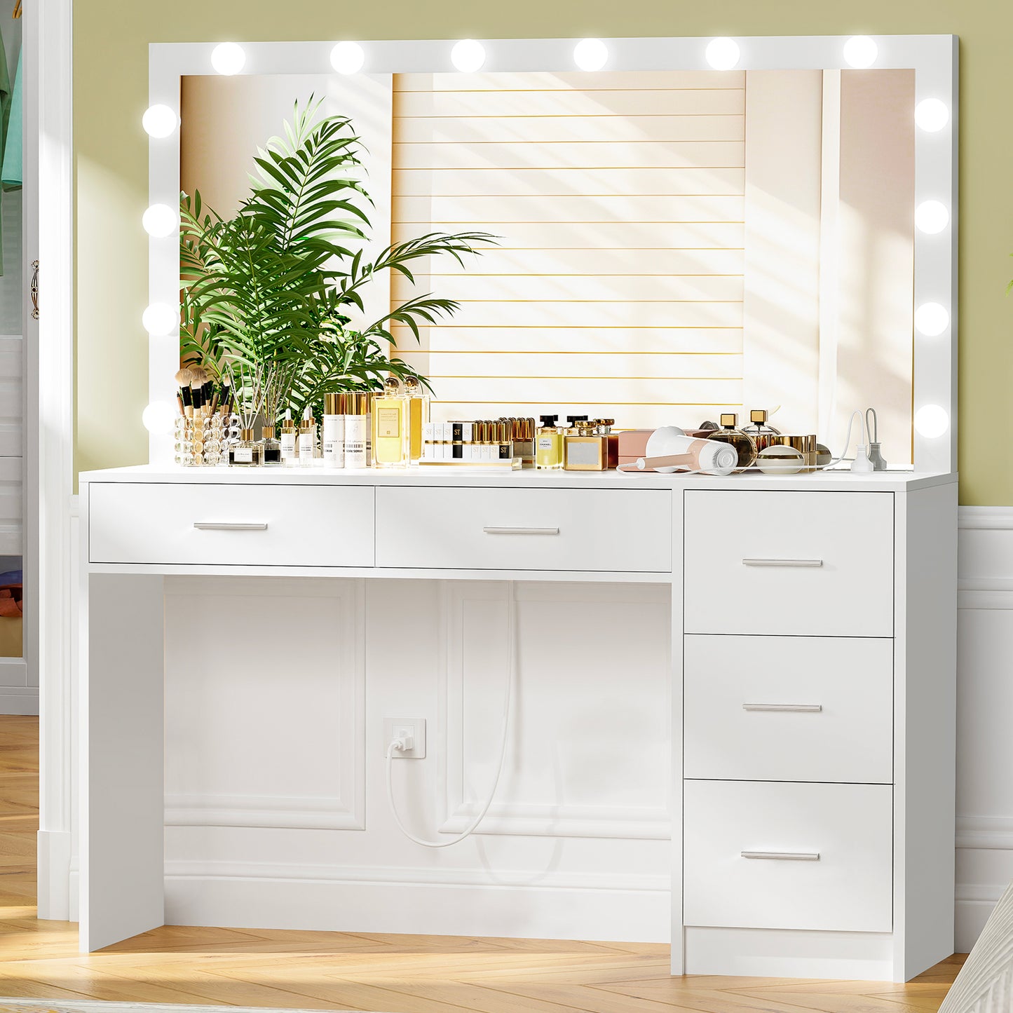 USIKEY 47.2" Large Vanity Desk with Lighted Mirror, 14 Lights, Makeup Vanity Table with 5 Large Drawers & Charging Station