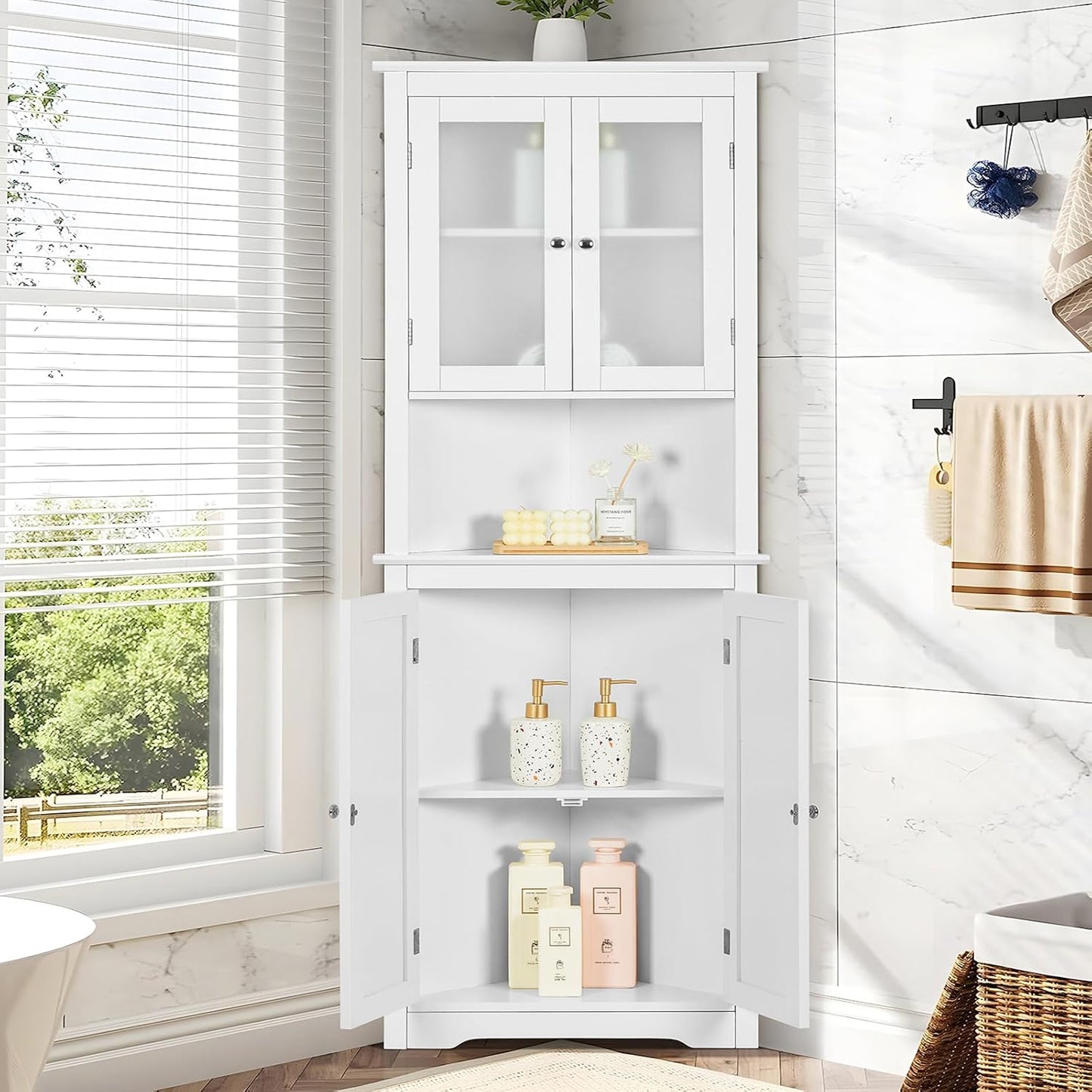 USIKEY 63.8" Tall Corner Cabinet with 4 Doors and 5 Storage Shelves, Corner Bathroom Cabinet, Freestanding Storage Cabinet for Bathroom, Living Room