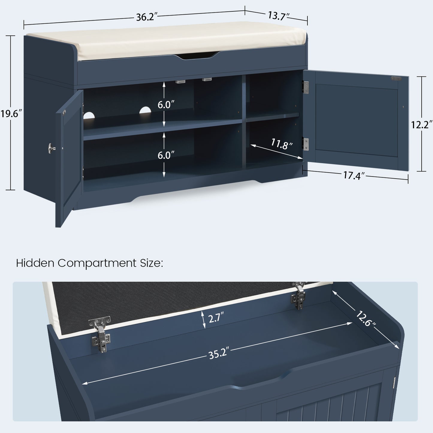 USIKEY Shoe Storage Bench, 2 Tier Shoe Bench with Padded Seat Cushion & 2 Barn Doors, Entryway Bench with Adjustable Shelf, Shoe Cabinet for Living Room, Bedroom