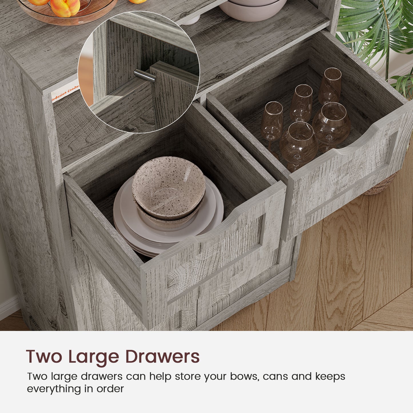 USIKEY Large Storage Cabinet, Rattan Cabinet with 2 Drawers & 2 Shelves, Cupboard, Floor Cabinet for Living Room, Home Office