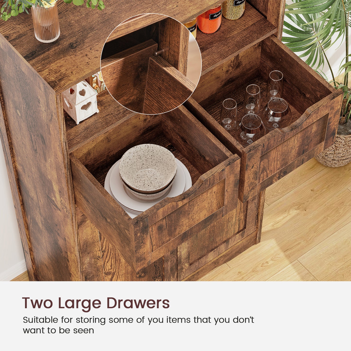 USIKEY Large Storage Cabinet, Rattan Cabinet with 2 Drawers & 2 Shelves, Cupboard, Floor Cabinet for Living Room, Home Office