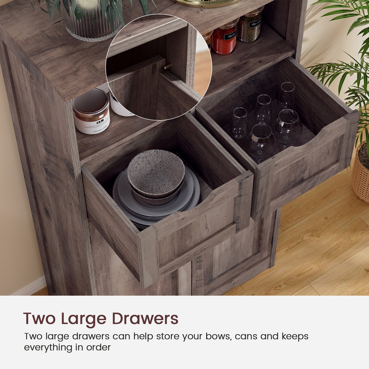 USIKEY Large Storage Cabinet, Rattan Cabinet with 2 Drawers & 2 Shelves, Cupboard, Floor Cabinet for Living Room, Home Office