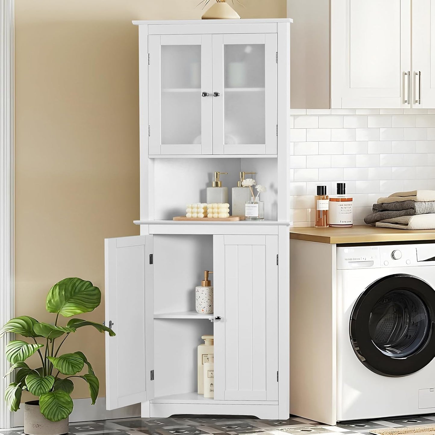 USIKEY 63.8" Tall Corner Cabinet with 4 Doors and 5 Storage Shelves, Corner Bathroom Cabinet, Freestanding Storage Cabinet for Bathroom, Living Room