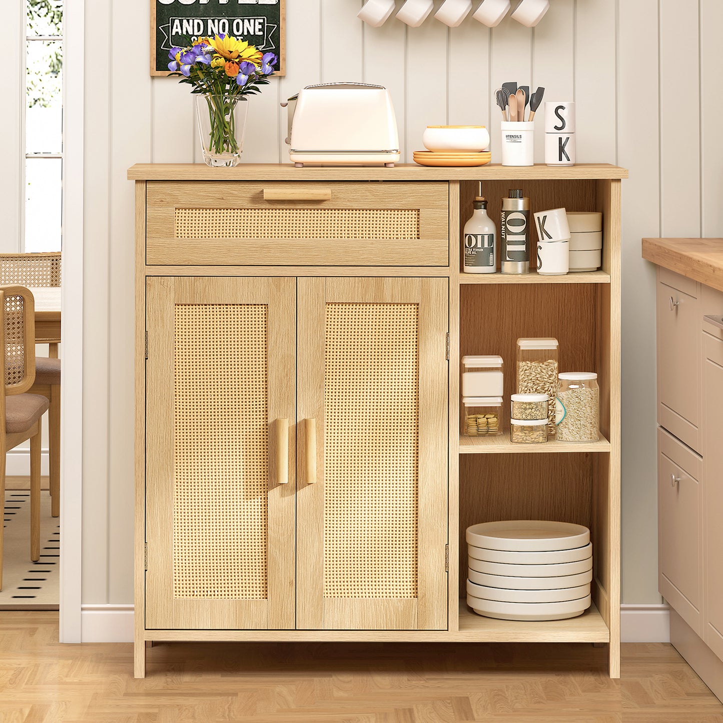USIKEY Storage Cabinet, Floor Cabinet with Doors and Shelves, Coffee Bar Cabinet with Drawer, Organizer Cabinet for Living Room, Dining Room