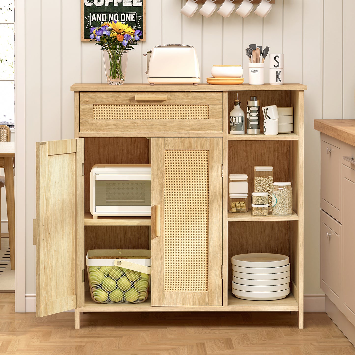 USIKEY Storage Cabinet, Floor Cabinet with Doors and Shelves, Coffee Bar Cabinet with Drawer, Organizer Cabinet for Living Room, Dining Room