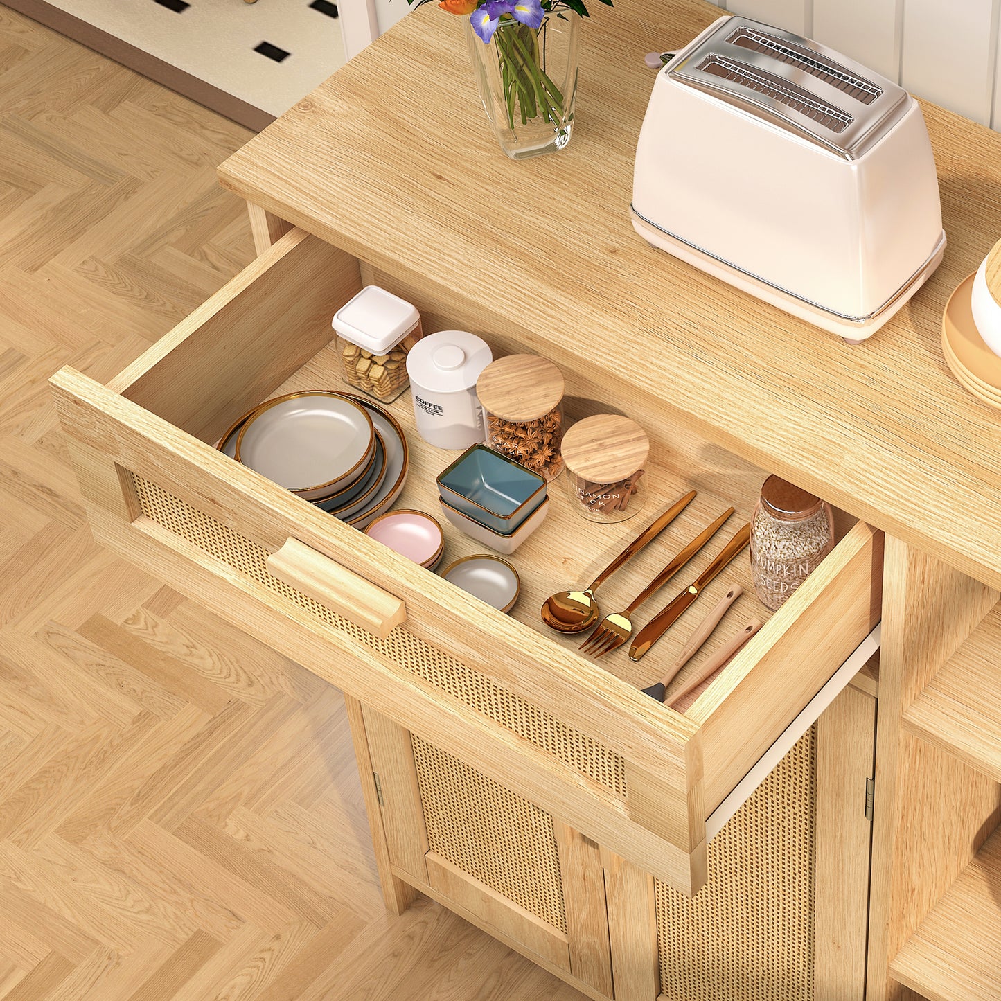 USIKEY Storage Cabinet, Floor Cabinet with Doors and Shelves, Coffee Bar Cabinet with Drawer, Organizer Cabinet for Living Room, Dining Room