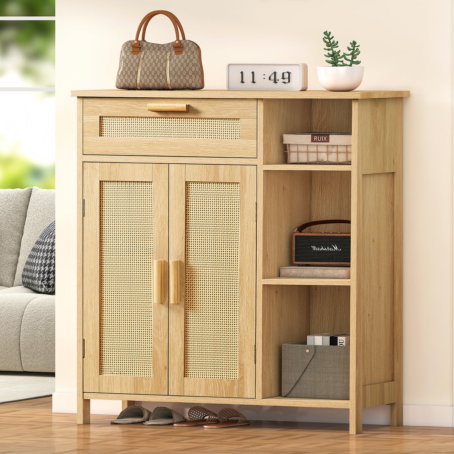 USIKEY Storage Cabinet, Floor Cabinet with Doors and Shelves, Coffee Bar Cabinet with Drawer, Organizer Cabinet for Living Room, Dining Room