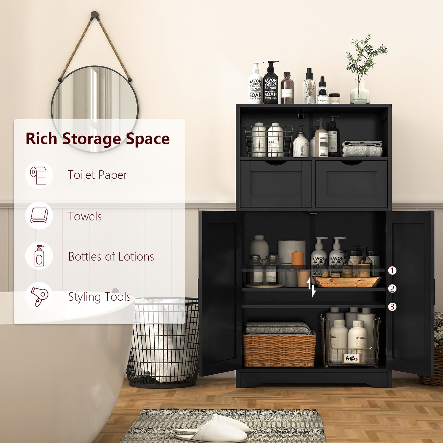 USIKEY Storage Cabinet with 2 Adjustable Drawers & 2 Barn Doors, Standing Cupboard with 2 Shelf, Floor Cabinet for Living Room, Home Office, Kitchen