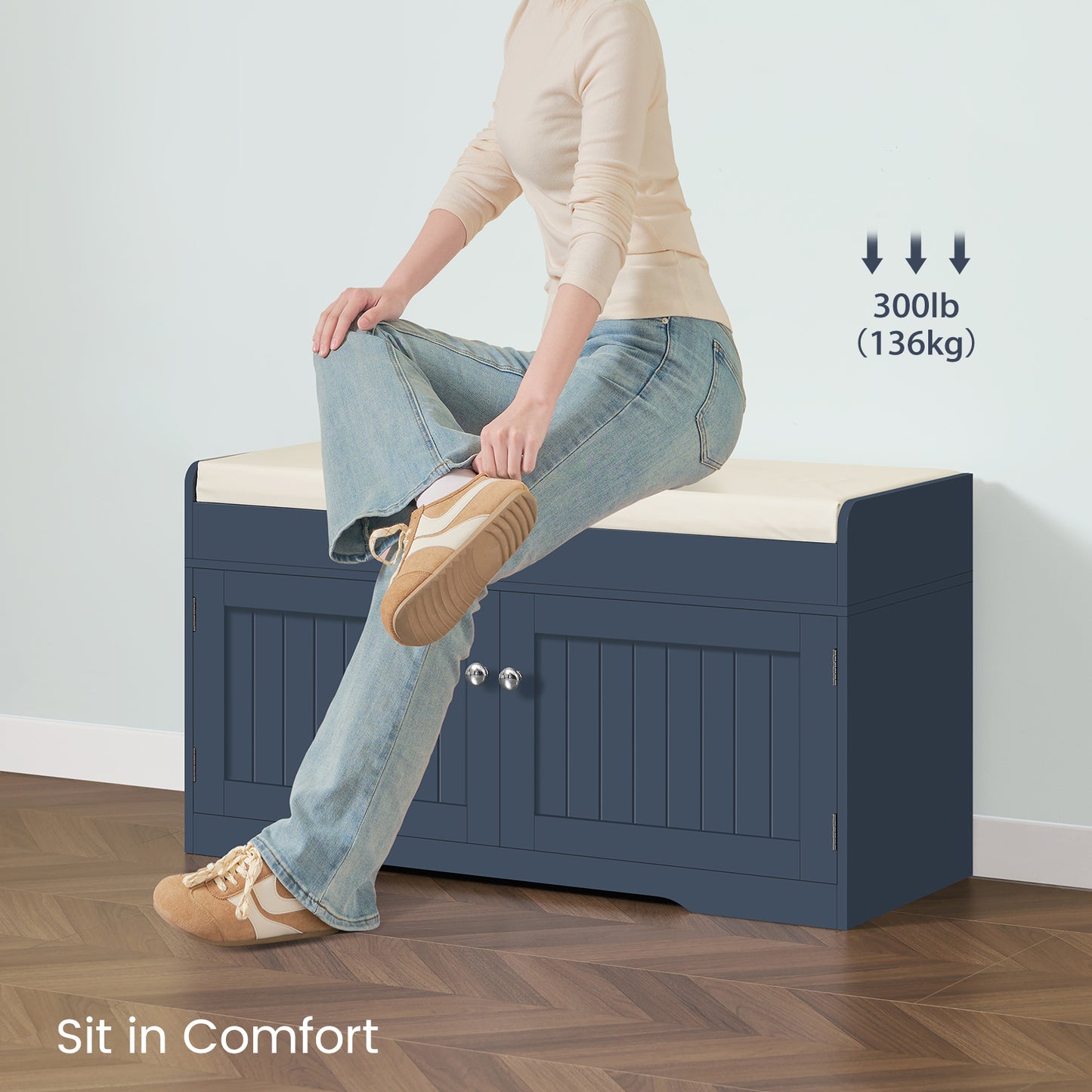 USIKEY Shoe Storage Bench, 2 Tier Shoe Bench with Padded Seat Cushion & 2 Barn Doors, Entryway Bench with Adjustable Shelf, Shoe Cabinet for Living Room, Bedroom