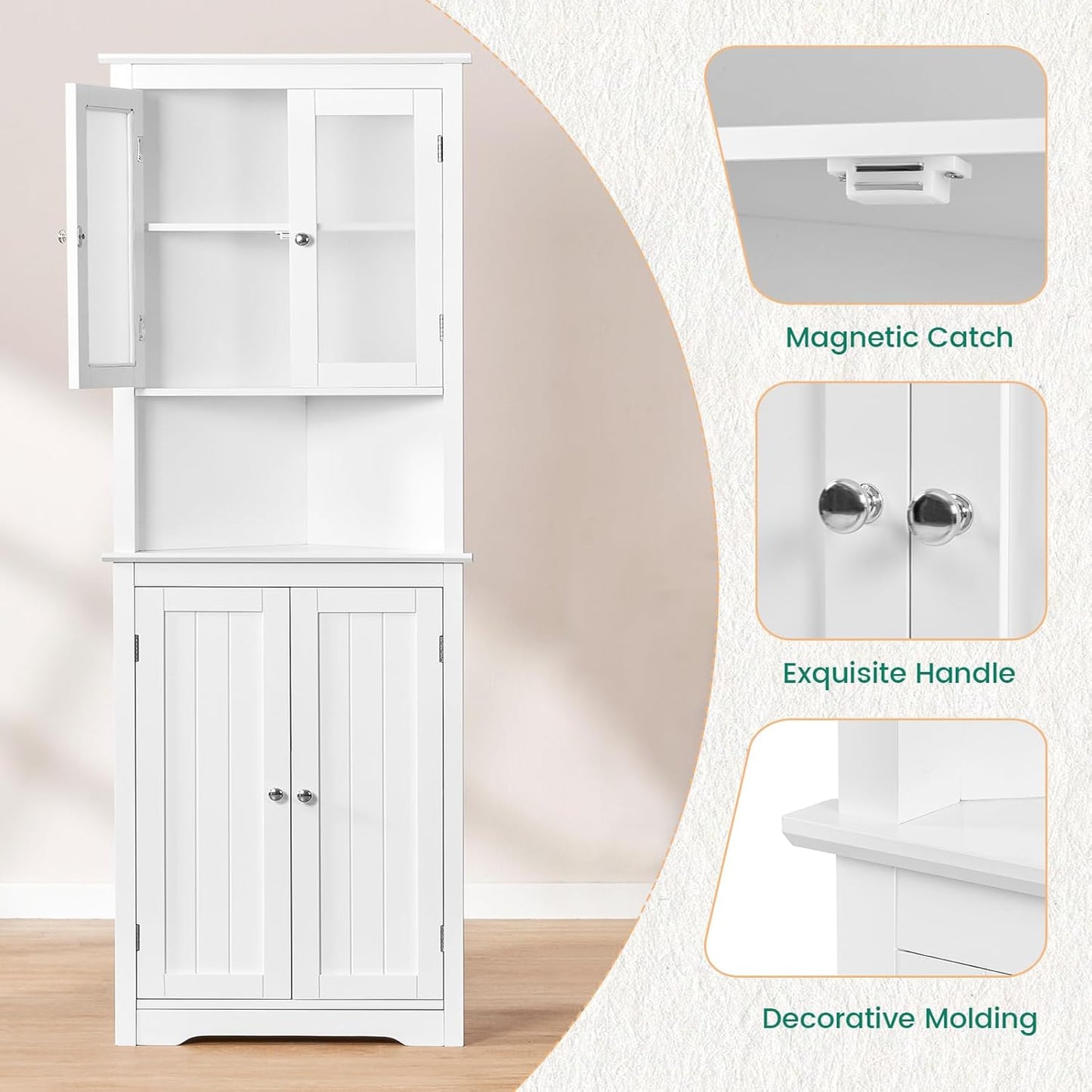 USIKEY 63.8" Tall Corner Cabinet with 4 Doors and 5 Storage Shelves, Corner Bathroom Cabinet, Freestanding Storage Cabinet for Bathroom, Living Room