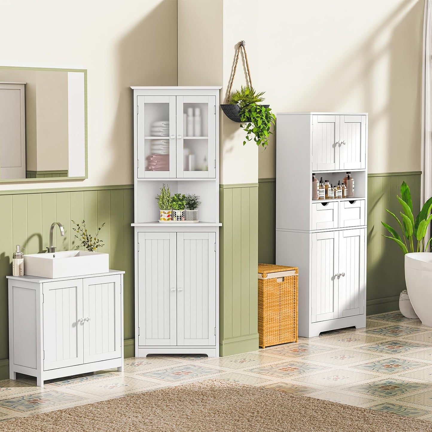 USIKEY 63.8" Tall Corner Cabinet with 4 Doors and 5 Storage Shelves, Corner Bathroom Cabinet, Freestanding Storage Cabinet for Bathroom, Living Room