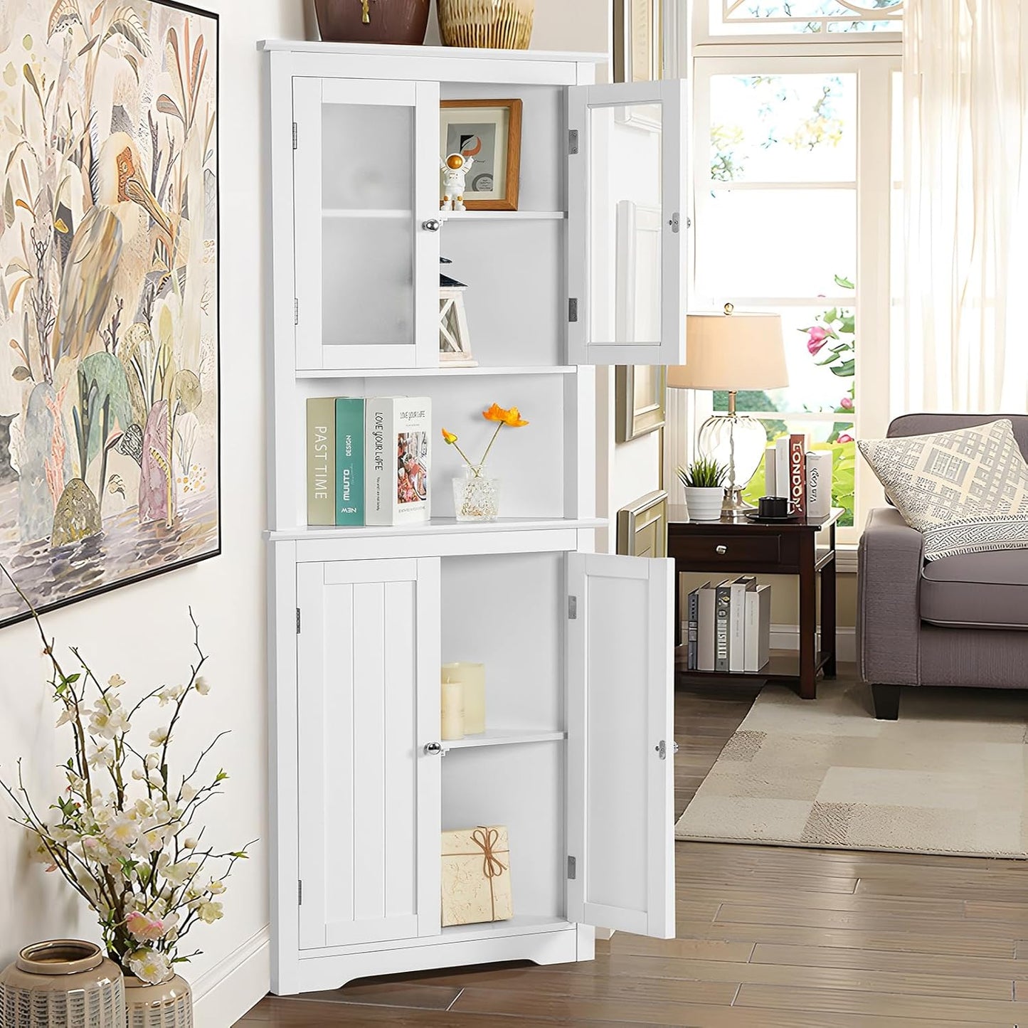 USIKEY 63.8" Tall Corner Cabinet with 4 Doors and 5 Storage Shelves, Corner Bathroom Cabinet, Freestanding Storage Cabinet for Bathroom, Living Room