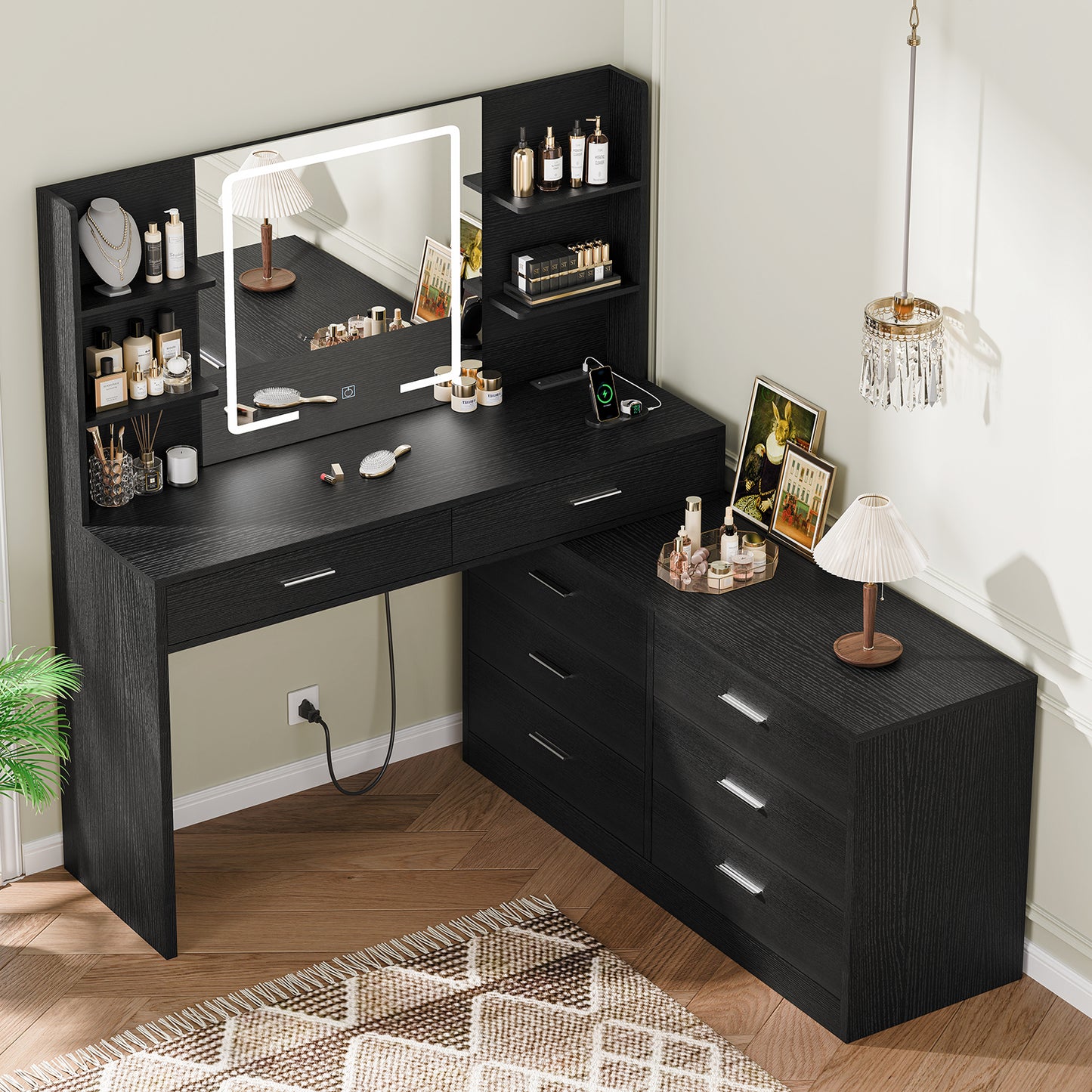 USIKEY Vanity Makeup Desk with LED Light Mirror & Power Outlet, 8 Drawers, Storage Shelves, & Adjustable Brightness Dressing Table, Corner Vanity Desk