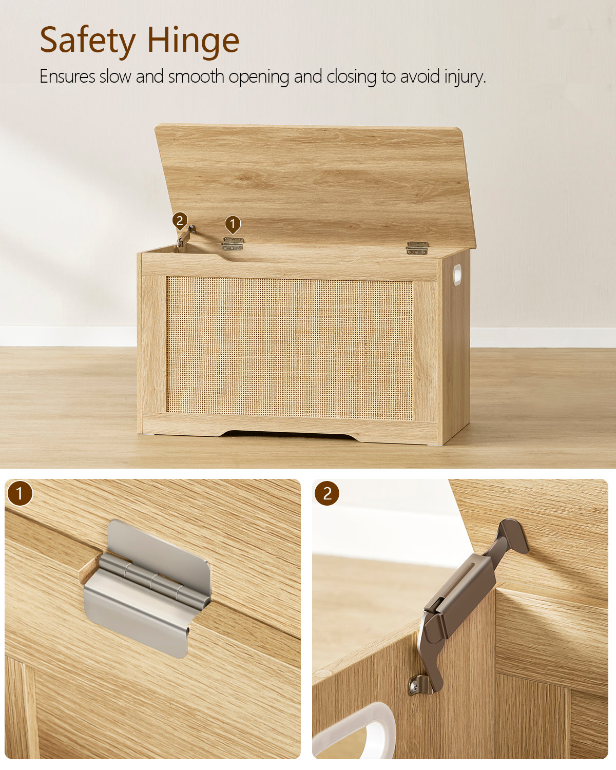 USIKEY 39.4” Storage Chest, Toy Box with 2 Safety Hinges, Rattan Storage Bench with Storage, Toy Chest for Bedroom,
