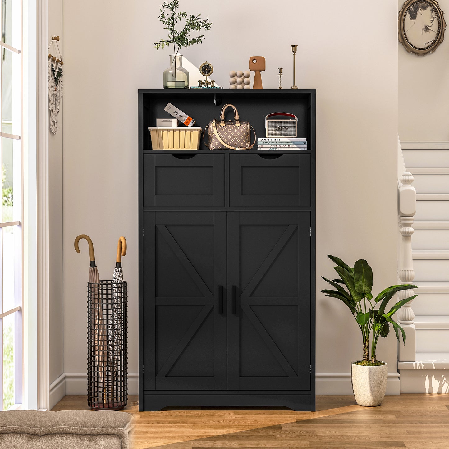USIKEY Storage Cabinet with 2 Adjustable Drawers & 2 Barn Doors, Standing Cupboard with 2 Shelf, Floor Cabinet for Living Room, Home Office, Kitchen