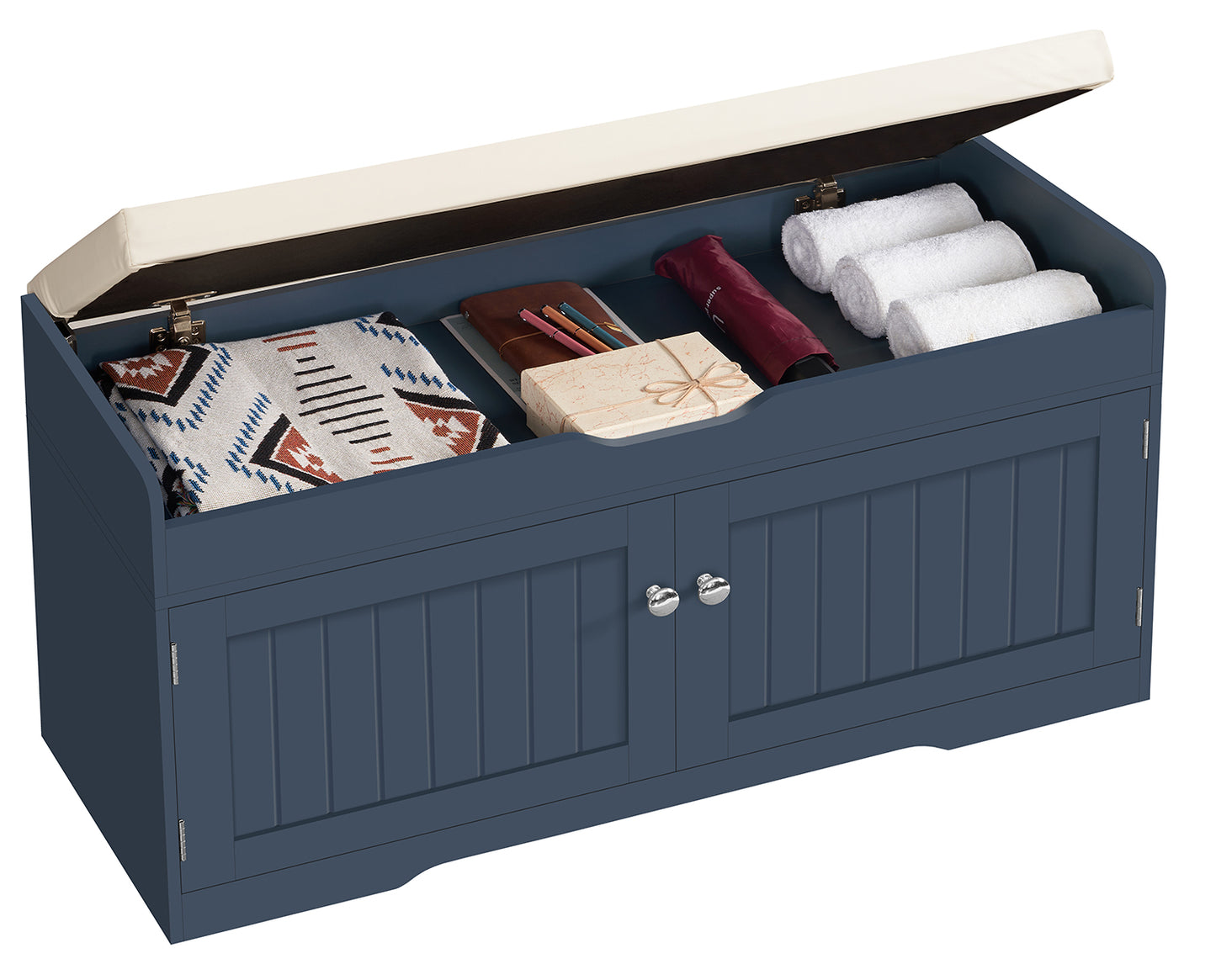 USIKEY Shoe Storage Bench, 2 Tier Shoe Bench with Padded Seat Cushion & 2 Barn Doors, Entryway Bench with Adjustable Shelf, Shoe Cabinet for Living Room, Bedroom