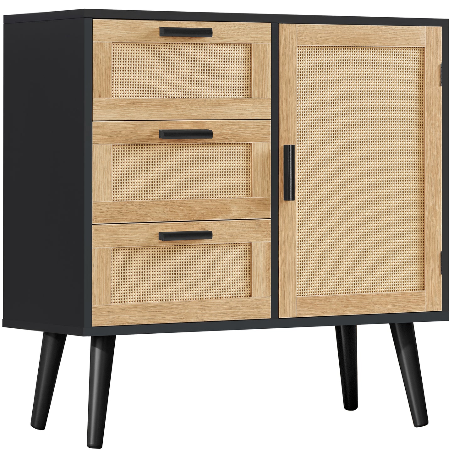 USIKEY Storage Cabinet with Rattan Door & 3 Drawers, Entryway Cabinet with Adjustable Shelf, Accent Cabinet for Living Room