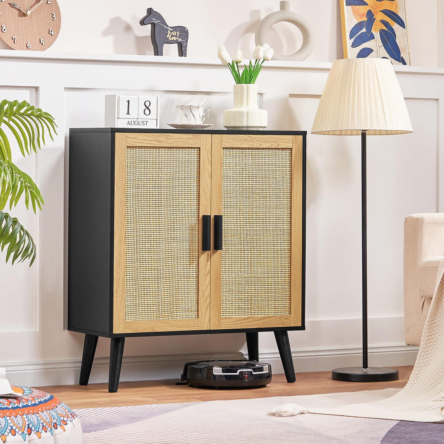 USIKEY Rattan Storage Cabinet with Adjustable Shelf & Doors, Accent Cabinet for Living Room, Dining Room, Entryway, Natural + Black