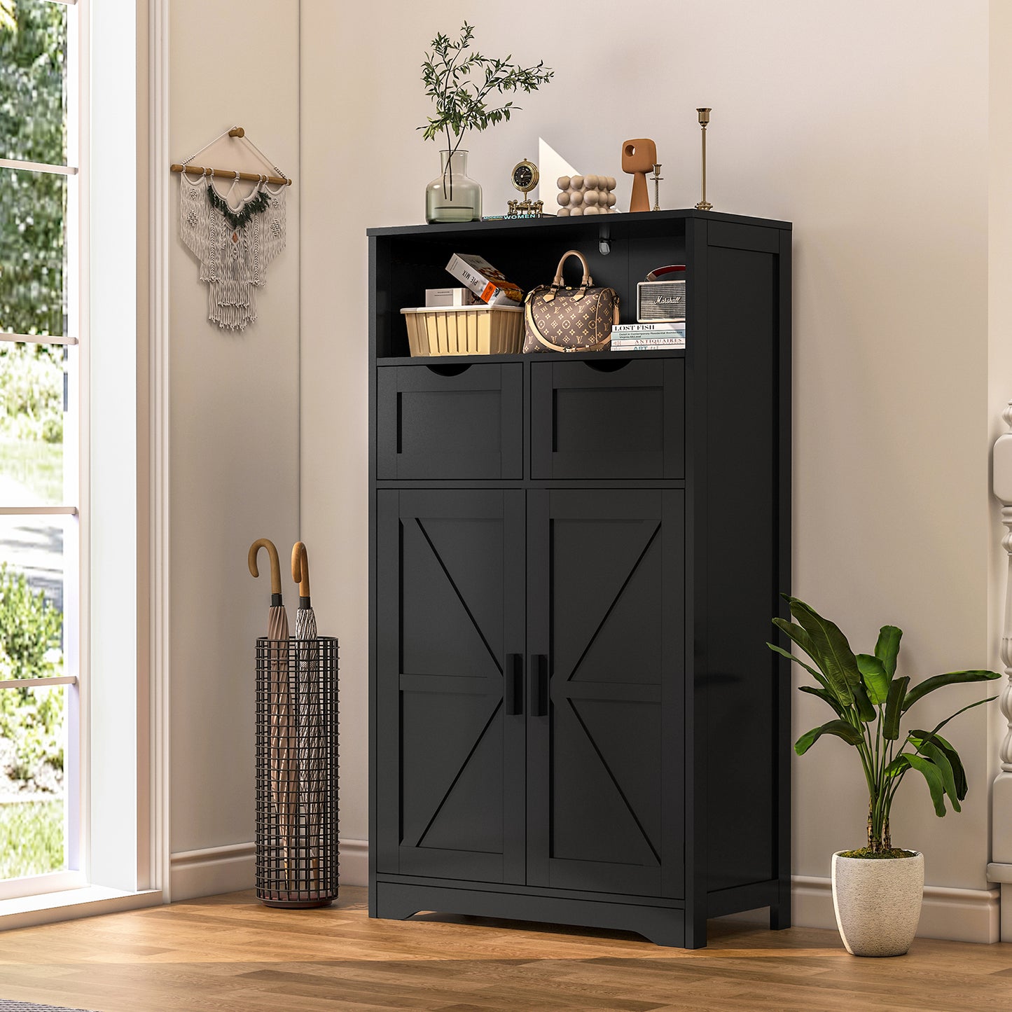 USIKEY Storage Cabinet with 2 Adjustable Drawers & 2 Barn Doors, Standing Cupboard with 2 Shelf, Floor Cabinet for Living Room, Home Office, Kitchen
