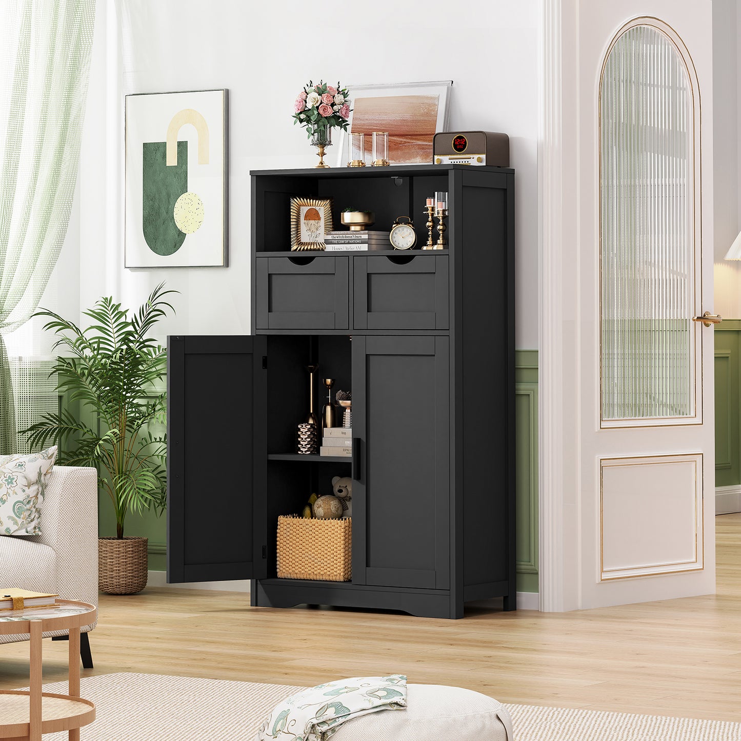 USIKEY Large Storage Cabinet, Rattan Cabinet with 2 Drawers & 2 Shelves, Cupboard, Floor Cabinet for Living Room, Home Office