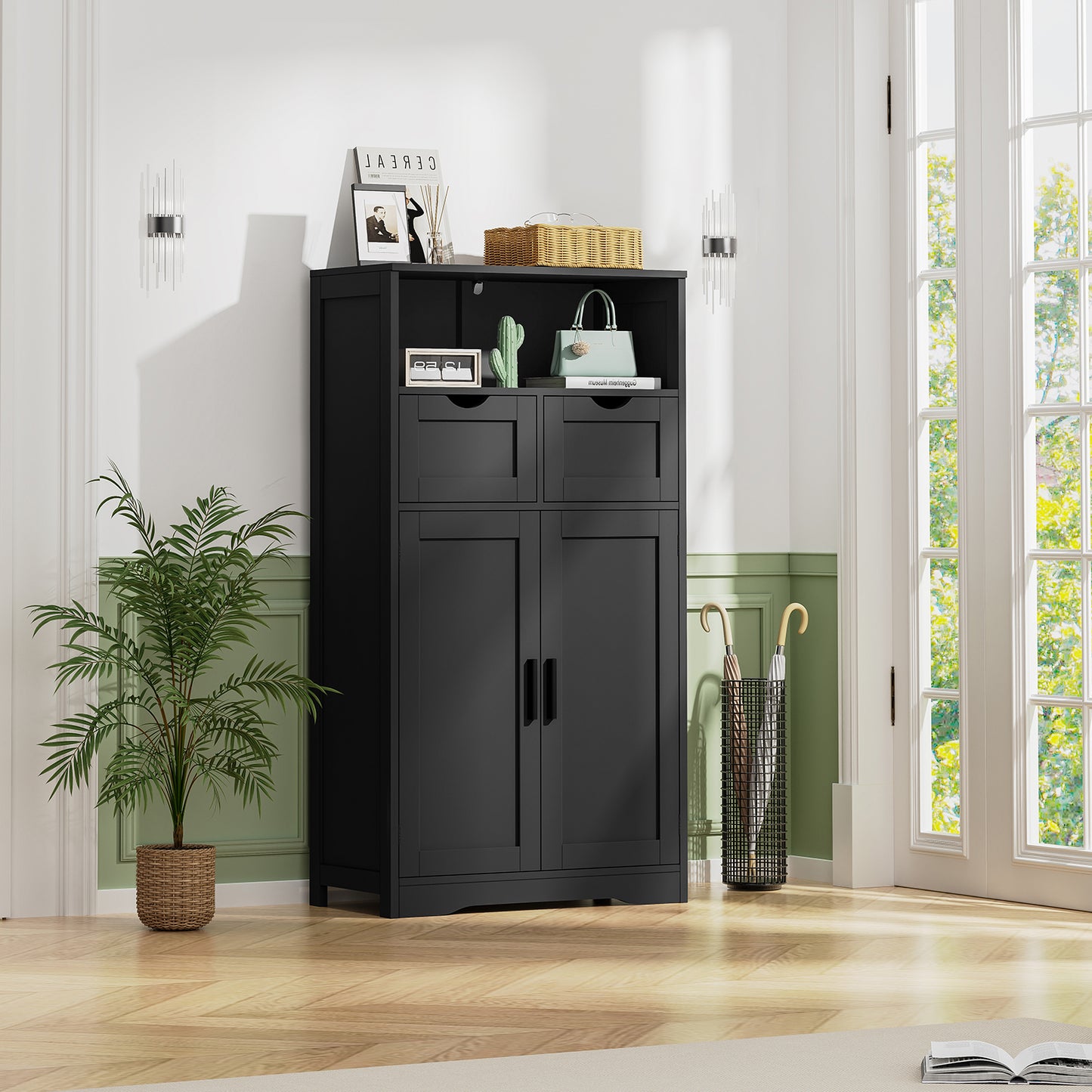 USIKEY Large Storage Cabinet, Rattan Cabinet with 2 Drawers & 2 Shelves, Cupboard, Floor Cabinet for Living Room, Home Office